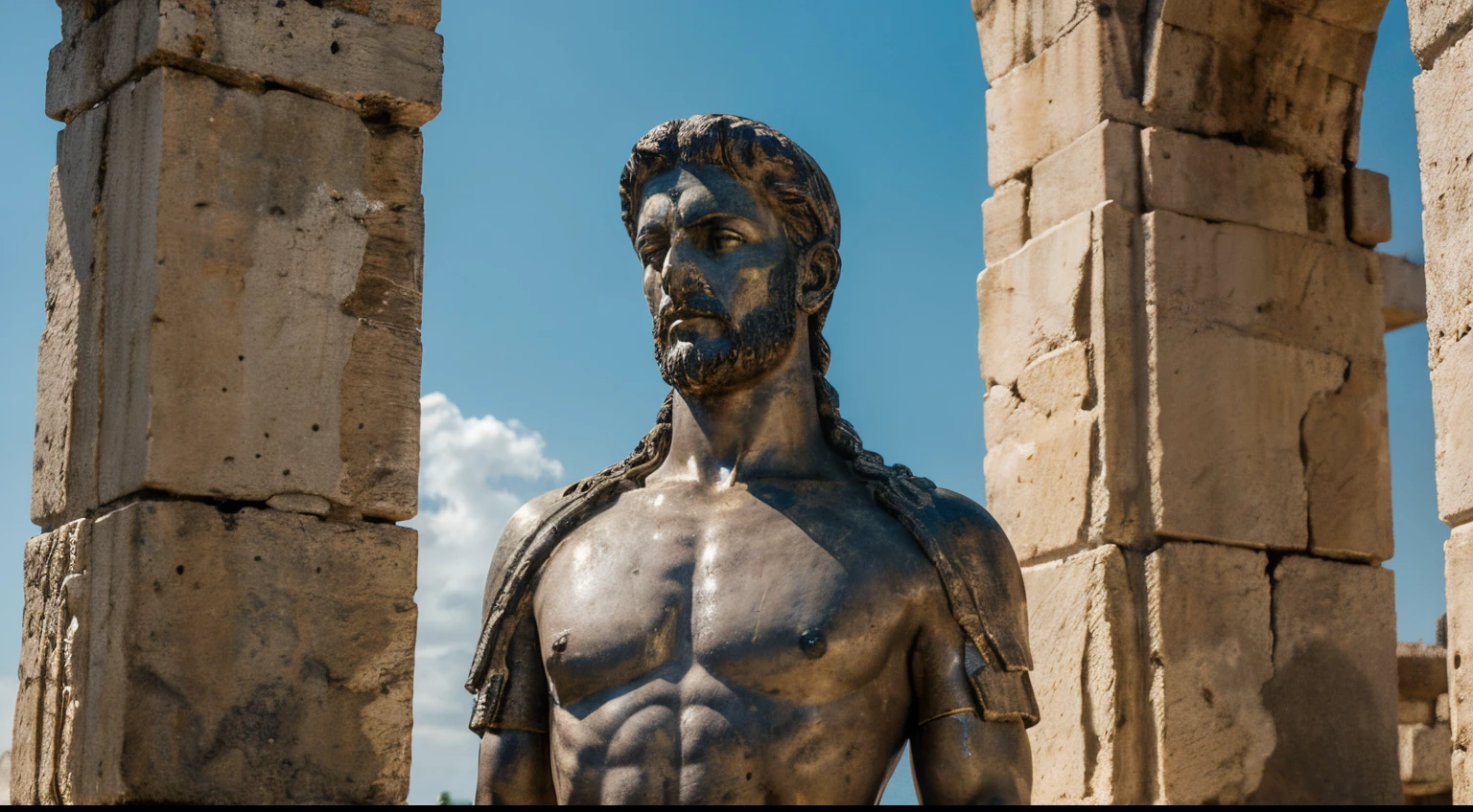 Ancient Stoic Statue With Very Angry Expression, tem barba, muitos detalhes em ambos os olhos, Outside, fundo atenas grego, open sky, com rosto extremamente detalhado full body view, Colors with low saturation with dark tone, Filmado em Sony A7S III com Sony FE 35mm f/1.8, 12.1 MP, --AR 3:2 --estilo cru