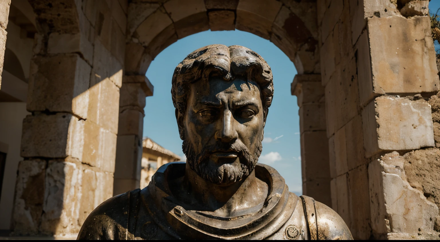 Ancient Stoic Statue With Very Angry Expression, tem barba, muitos detalhes em ambos os olhos, Outside, fundo atenas grego, open sky, com rosto extremamente detalhado full body view, Colors with low saturation with dark tone, Filmado em Sony A7S III com Sony FE 35mm f/1.8, 12.1 MP, --AR 3:2 --estilo cru