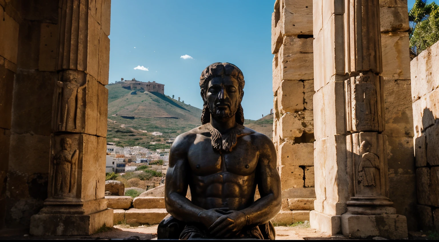 Ancient Stoic Statue With Very Angry Expression, tem barba, muitos detalhes em ambos os olhos, Outside, fundo atenas grego, open sky, com rosto extremamente detalhado full body view, Colors with low saturation with dark tone, Filmado em Sony A7S III com Sony FE 35mm f/1.8, 12.1 MP, --AR 3:2 --estilo cru