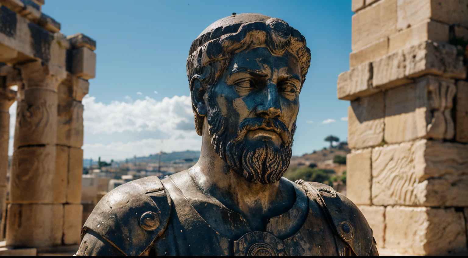 Ancient Stoic Statue With Very Angry Expression, tem barba, muitos detalhes em ambos os olhos, Outside, fundo atenas grego, open sky, com rosto extremamente detalhado full body view, Colors with low saturation with dark tone, Filmado em Sony A7S III com Sony FE 35mm f/1.8, 12.1 MP, --AR 3:2 --estilo cru