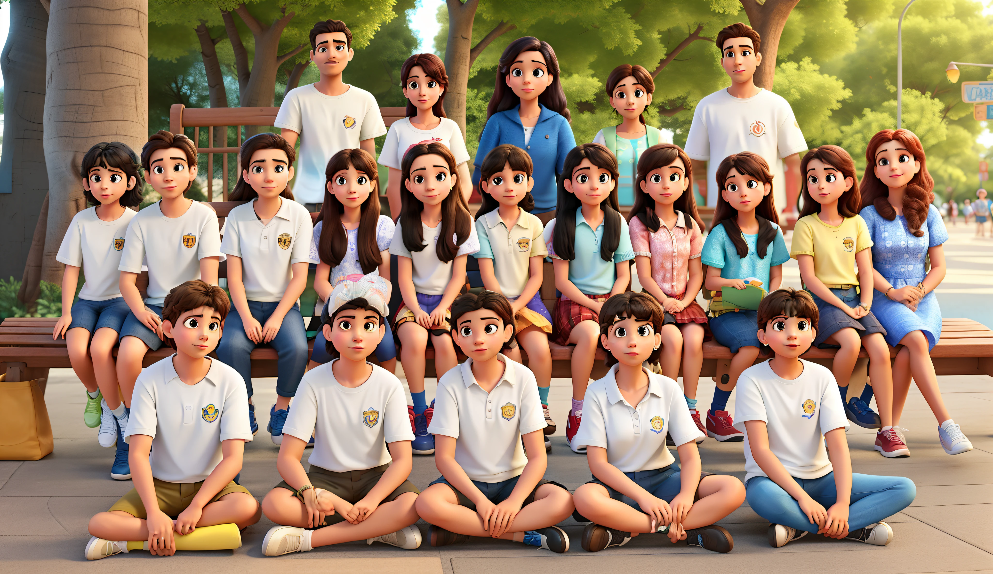 Transformar a foto em um poster estilo disney pixar, Mulher adulta ao centro, with children around you being the middle row sitting on a bench.