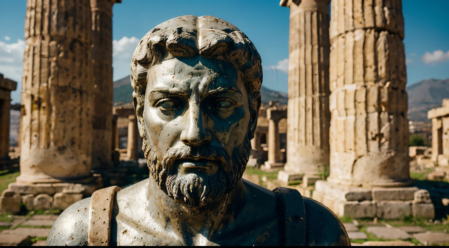 Ancient Stoic Statue With Very Angry Expression, tem barba, muitos detalhes em ambos os olhos, Outside, fundo atenas grego, open sky, com rosto extremamente detalhado full body view, Colors with low saturation with dark tone, Filmado em Sony A7S III com Sony FE 35mm f/1.8, 12.1 MP, --AR 3:2 --estilo cru