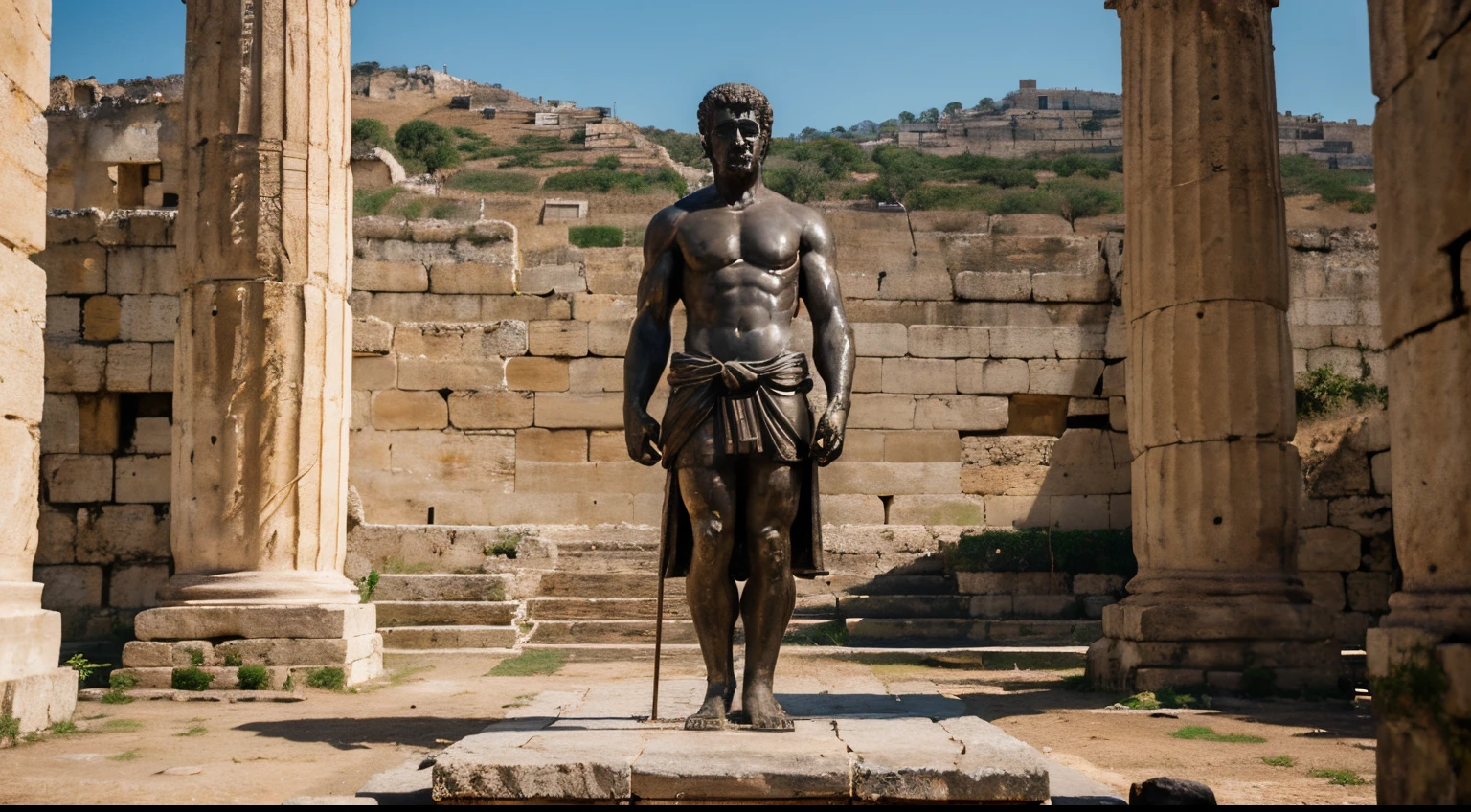 Ancient Stoic Statue With Very Angry Expression, tem barba, muitos detalhes em ambos os olhos, Outside, fundo atenas grego, open sky, com rosto extremamente detalhado full body view, Colors with low saturation with dark tone, Filmado em Sony A7S III com Sony FE 35mm f/1.8, 12.1 MP, --AR 3:2 --estilo cru