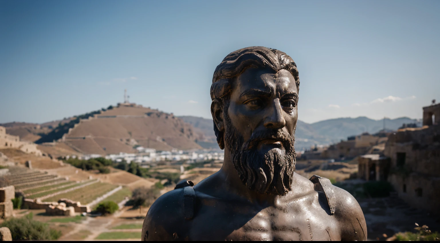 Ancient Stoic Statue With Very Angry Expression, tem barba, muitos detalhes em ambos os olhos, Outside, fundo atenas grego, open sky, com rosto extremamente detalhado full body view, Colors with low saturation with dark tone, Filmado em Sony A7S III com Sony FE 35mm f/1.8, 12.1 MP, --AR 3:2 --estilo cru