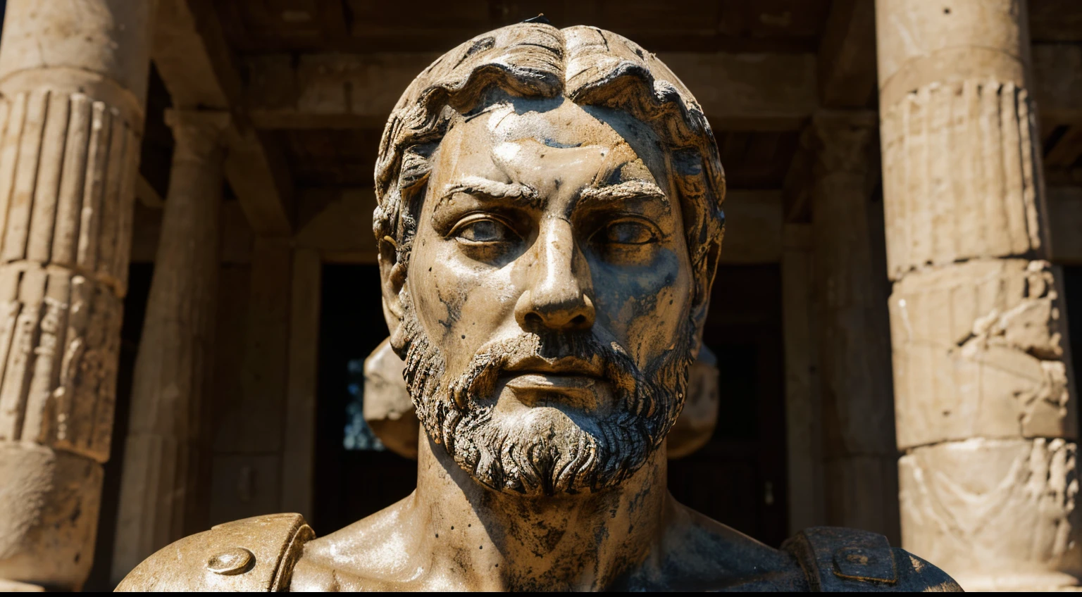 Ancient Stoic Statue With Very Angry Expression, tem barba, muitos detalhes em ambos os olhos, Outside, fundo atenas grego, open sky, com rosto extremamente detalhado full body view, Colors with low saturation with dark tone, Filmado em Sony A7S III com Sony FE 35mm f/1.8, 12.1 MP, --AR 3:2 --estilo cru