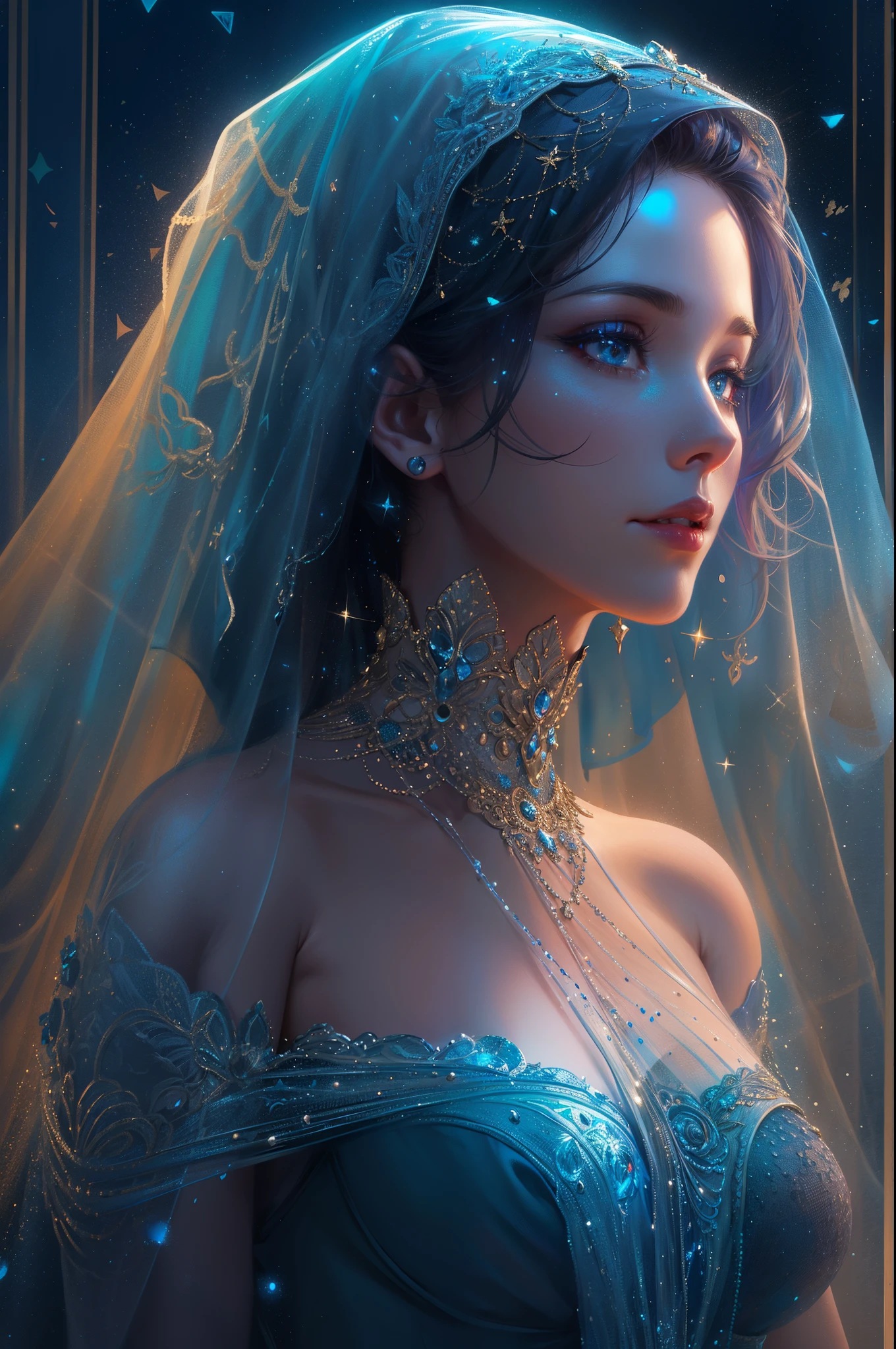 1girl,realistic style with fantasy elements,high-definition,realistic blue and light black,charming realistic characters,shiny skin,Surrealism,detailed clothing, small breasts.
(((veil,colorful veil,Veil with light particle effect,glowing,dress))),