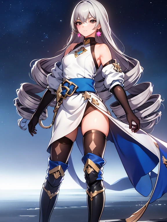 pH Armor, 1girl, Jewelry, earings, Long hair, gray hairs, Bangs, drill hair, bare shoulders, gray eyes, thigh boots, thights, thights, Hair between the eyes, knee boots, elbow gloves,Sleeveless, black gloves, twin drills, belt, leggins, whitedress, pectoral muscles, small breasts, black footwear, long sleeves, Colorful, Hyper Detail, Dramatic light, intricate details, (sharp face hair between eyes,Dynamic Angle), crowd of people in the background, army, winter storm