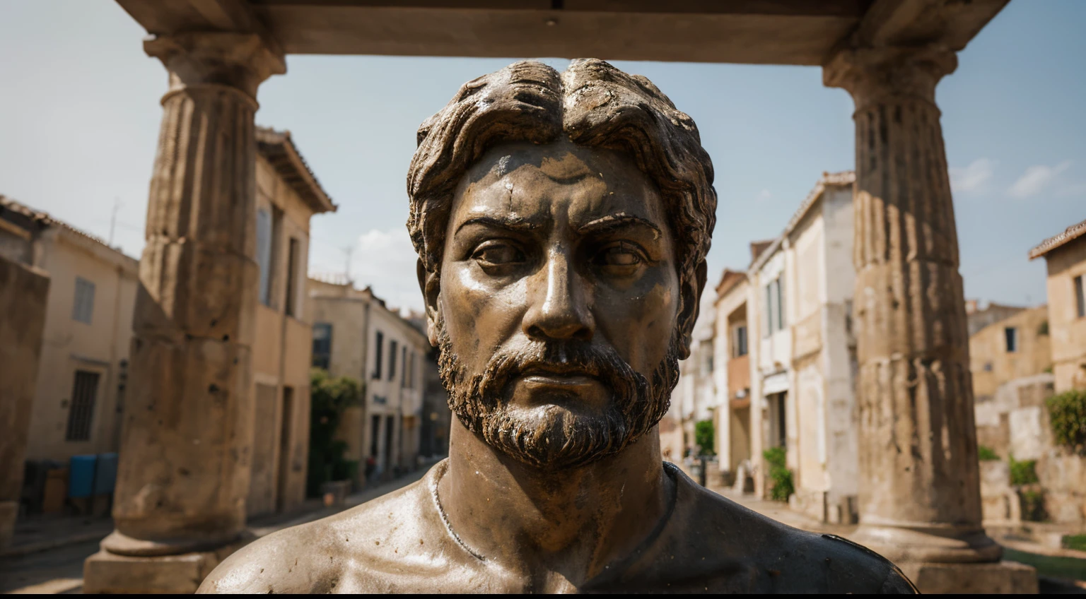 Ancient Stoic Statue With Very Angry Expression, tem barba, muitos detalhes em ambos os olhos, Outside, fundo atenas grego, open sky, com rosto extremamente detalhado full body view, Colors with low saturation with dark tone, Filmado em Sony A7S III com Sony FE 35mm f/1.8, 12.1 MP, --AR 3:2 --estilo cru
