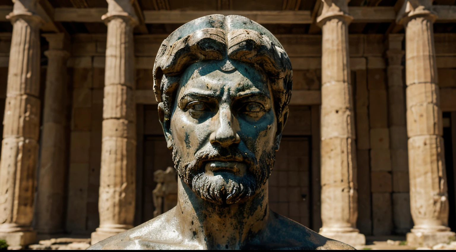 Ancient Stoic Statue With Very Angry Expression, tem barba, muitos detalhes em ambos os olhos, Outside, fundo atenas grego, open sky, com rosto extremamente detalhado full body view, Colors with low saturation with dark tone, Filmado em Sony A7S III com Sony FE 35mm f/1.8, 12.1 MP, --AR 3:2 --estilo cru