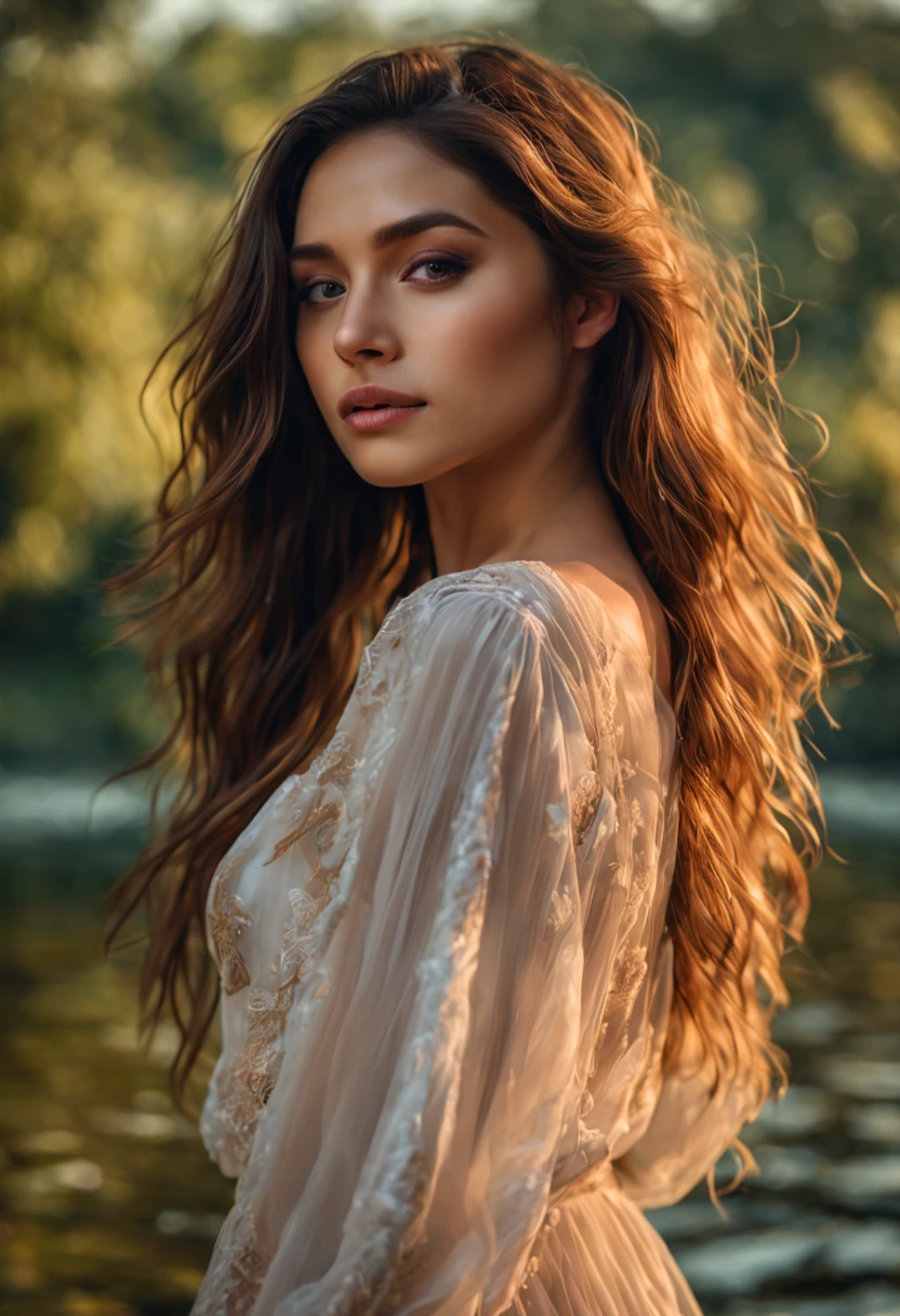 (best quality,ultra-detailed,realistic:1.37), HDR, [vivid colors], [studio lighting], 1girl, [portrait], [landscape], [photography], long dark hair, [bright light], [peaceful atmosphere], [gentle breeze], [serene expression], [playful pose], [sunlit background], [lush greenery], [shimmering water reflections], riverbank, [intense gaze], [natural beauty], [soft natural lighting], [flowing movement], [subtle shadows], [silky-smooth skin], [delicate features], [perfectly shaped lips], [sparkling eyes], [expression of joy], [sparkling water droplets], [sensual curves], [captivating charm], [graceful posture], [harmonious composition], [mesmerizing presence], [captivating beauty], [crystal-clear clarity], [feminine silhouette], [timeless elegance], [harmonious color palette], [dreamlike ambiance], [ethereal serenity], [glistening wet hair], [effortless grace], [captivating smile], [natural radiance], [serene beauty], [captivating aura]