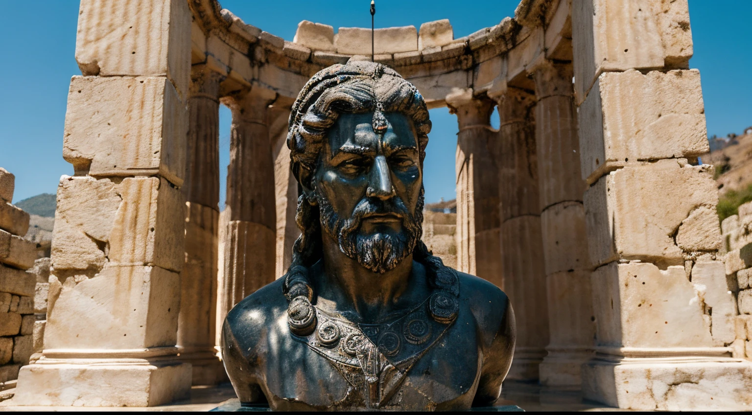 Ancient Stoic Statue With Very Angry Expression, tem barba, muitos detalhes em ambos os olhos, Outside, fundo atenas grego, open sky, com rosto extremamente detalhado full body view, Colors with low saturation with dark tone, Filmado em Sony A7S III com Sony FE 35mm f/1.8, 12.1 MP, --AR 3:2 --estilo cru