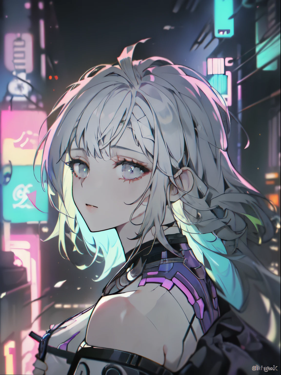 (masterpiece, top quality, best quality, official art, beautiful and aesthetic:1.2), (1girl:1.3), extremely detailed,(fractal art:1.1),(colorful:1.1)(electric:1.3),highest detailed,(zentangle:1.2), (dynamic pose), (abstract background:1.3), (shiny skin), (many colors:1.4), nsfw:1.5, cyber sttyle girl, 1girl, solo, short hair, in nightclub ,bar, bare shoulders, BREAK, rainbow hair,long hair, breasts out:2,portrait, (from above:1.2), medium breasts, beautiful breasts, monochrome, greyscale, midjourney, multi pose, lucy (cyberpunk), cyberpunk, cyber style, ((cyberpunk city:1.5))