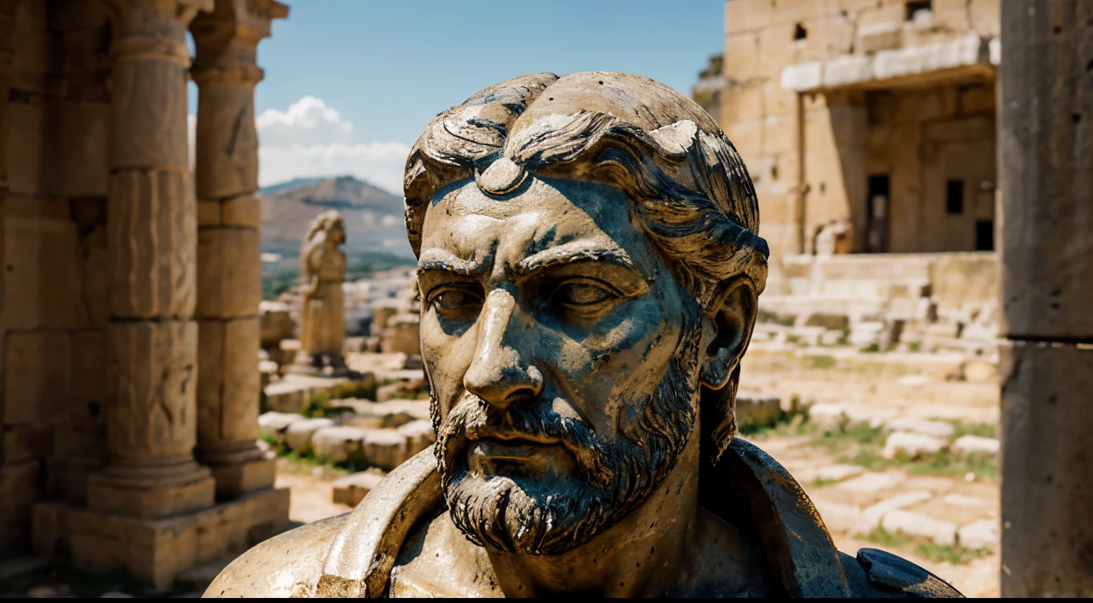 Ancient Stoic Statue With Very Angry Expression, tem barba, muitos detalhes em ambos os olhos, Outside, fundo atenas grego, open sky, com rosto extremamente detalhado full body view, Colors with low saturation with dark tone, Filmado em Sony A7S III com Sony FE 35mm f/1.8, 12.1 MP, --AR 3:2 --estilo cru