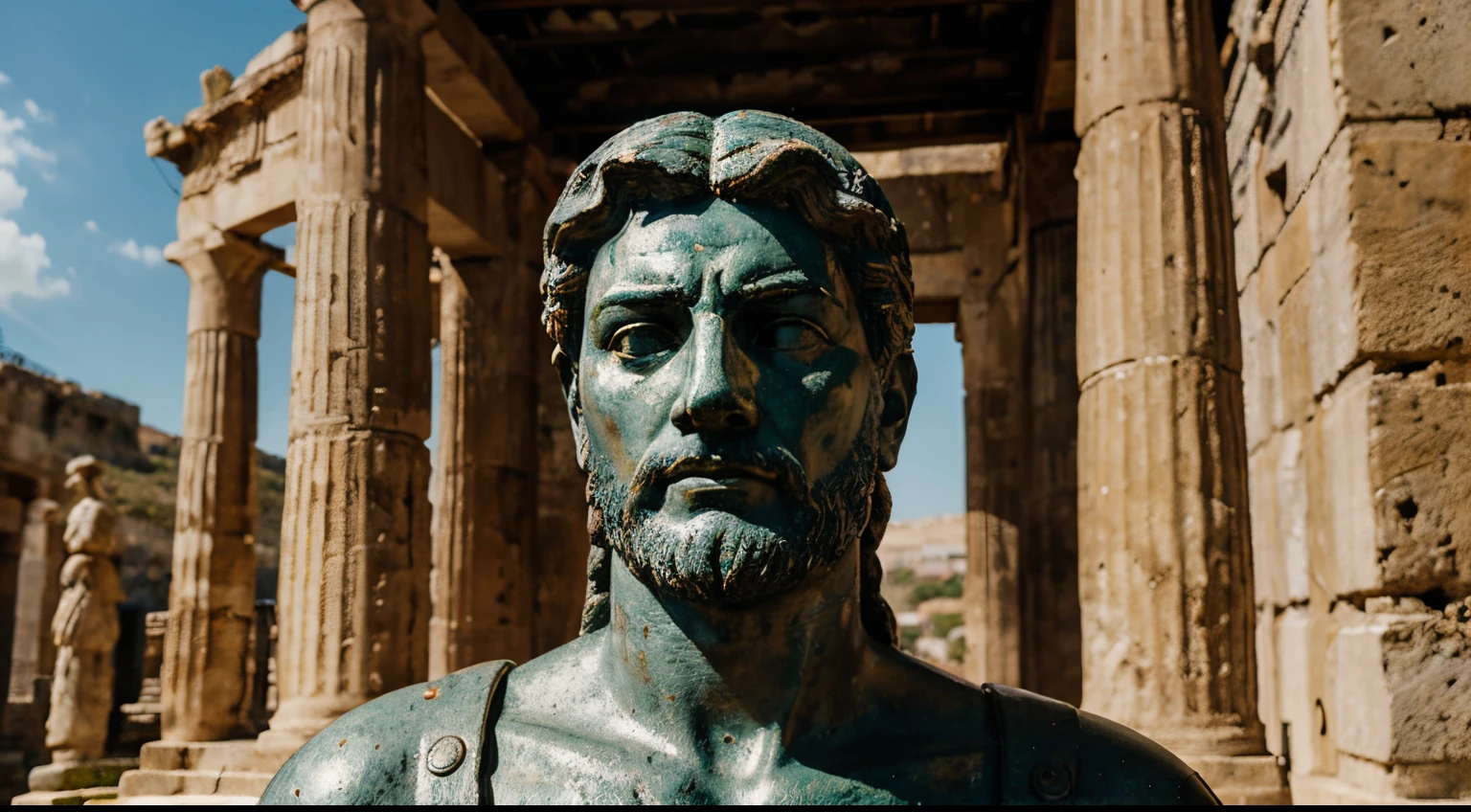 Ancient Stoic Statue With Very Angry Expression, tem barba, muitos detalhes em ambos os olhos, Outside, fundo atenas grego, open sky, com rosto extremamente detalhado full body view, Colors with low saturation with dark tone, Filmado em Sony A7S III com Sony FE 35mm f/1.8, 12.1 MP, --AR 3:2 --estilo cru