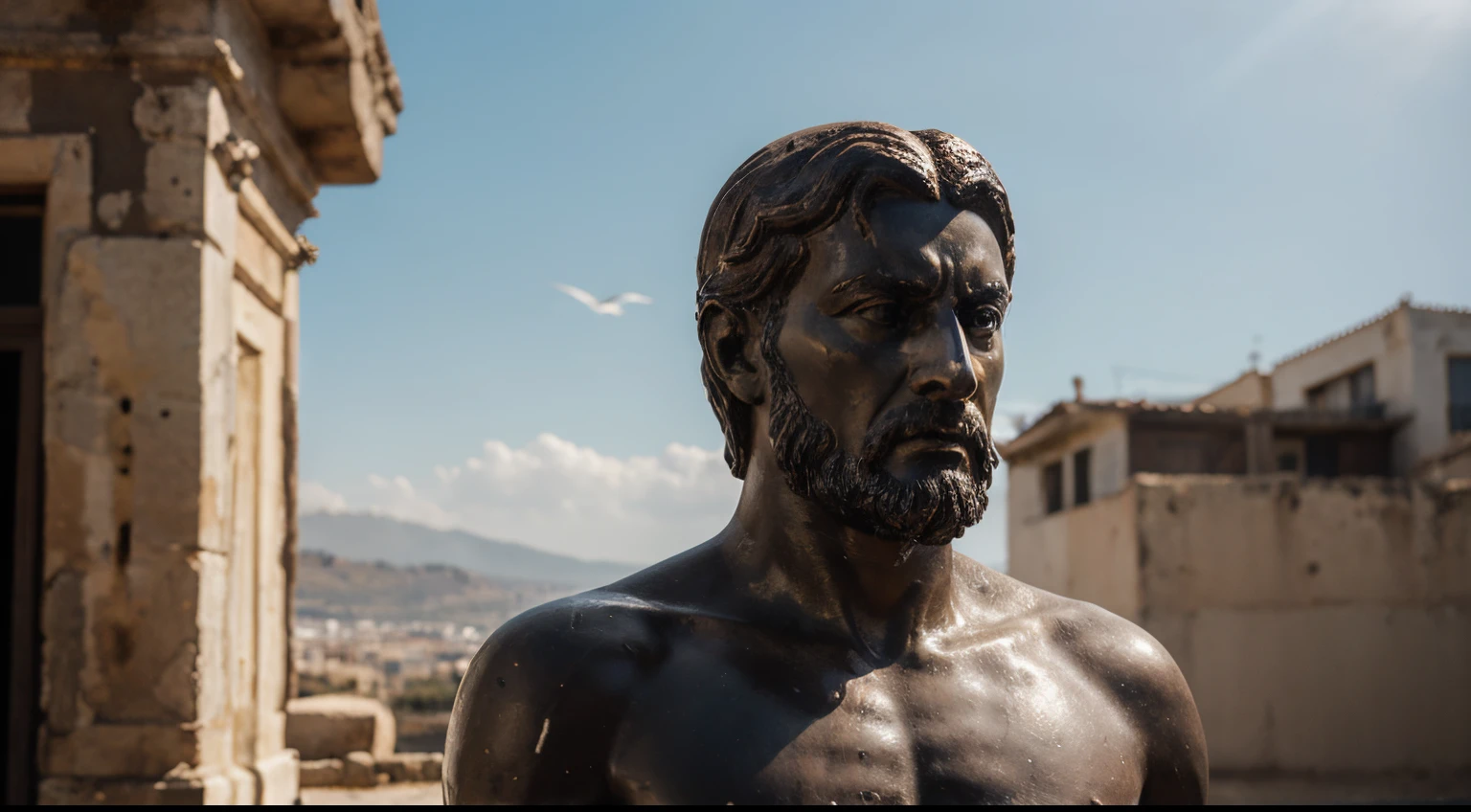 Ancient Stoic Statue With Very Angry Expression, tem barba, muitos detalhes em ambos os olhos, Outside, fundo atenas grego, open sky, com rosto extremamente detalhado full body view, Colors with low saturation with dark tone, Filmado em Sony A7S III com Sony FE 35mm f/1.8, 12.1 MP, --AR 3:2 --estilo cru