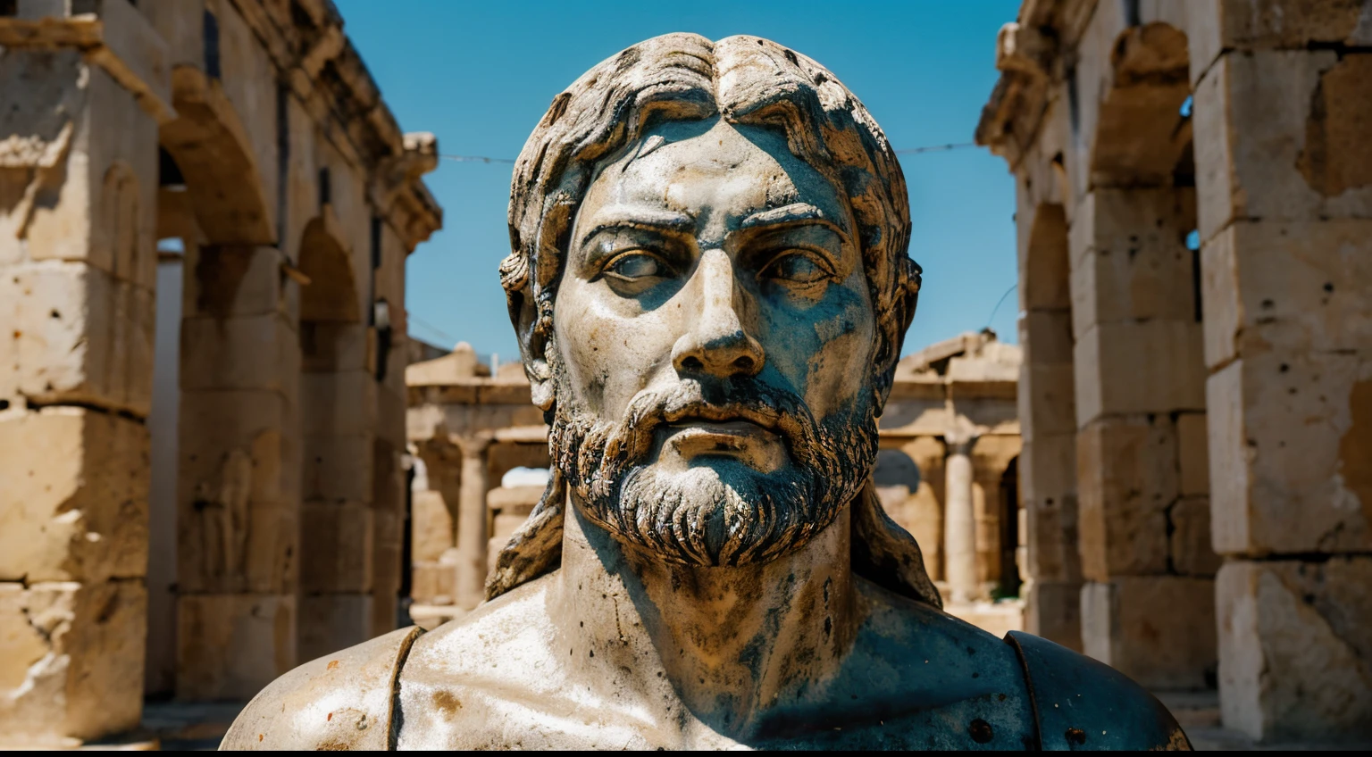 Ancient Stoic Statue With Very Angry Expression, tem barba, muitos detalhes em ambos os olhos, Outside, fundo atenas grego, open sky, com rosto extremamente detalhado full body view, Colors with low saturation with dark tone, Filmado em Sony A7S III com Sony FE 35mm f/1.8, 12.1 MP, --AR 3:2 --estilo cru