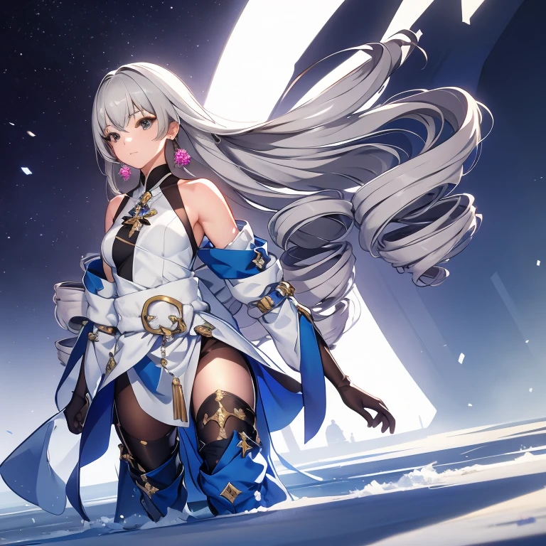 pH Armor, 1girl, Jewelry, earings, Long hair, gray hairs, Bangs, drill hair, bare shoulders, gray eyes, thigh boots, thights, thights, Hair between the eyes, knee boots, elbow gloves,Sleeveless, black gloves, twin drills, belt, leggins, whitedress, pectoral muscles, small breasts, black footwear, long sleeves, Colorful, Hyper Detail, Dramatic light, intricate details, (sharp face hair between eyes,Dynamic Angle), A crowd of people in the background, army, winter storm