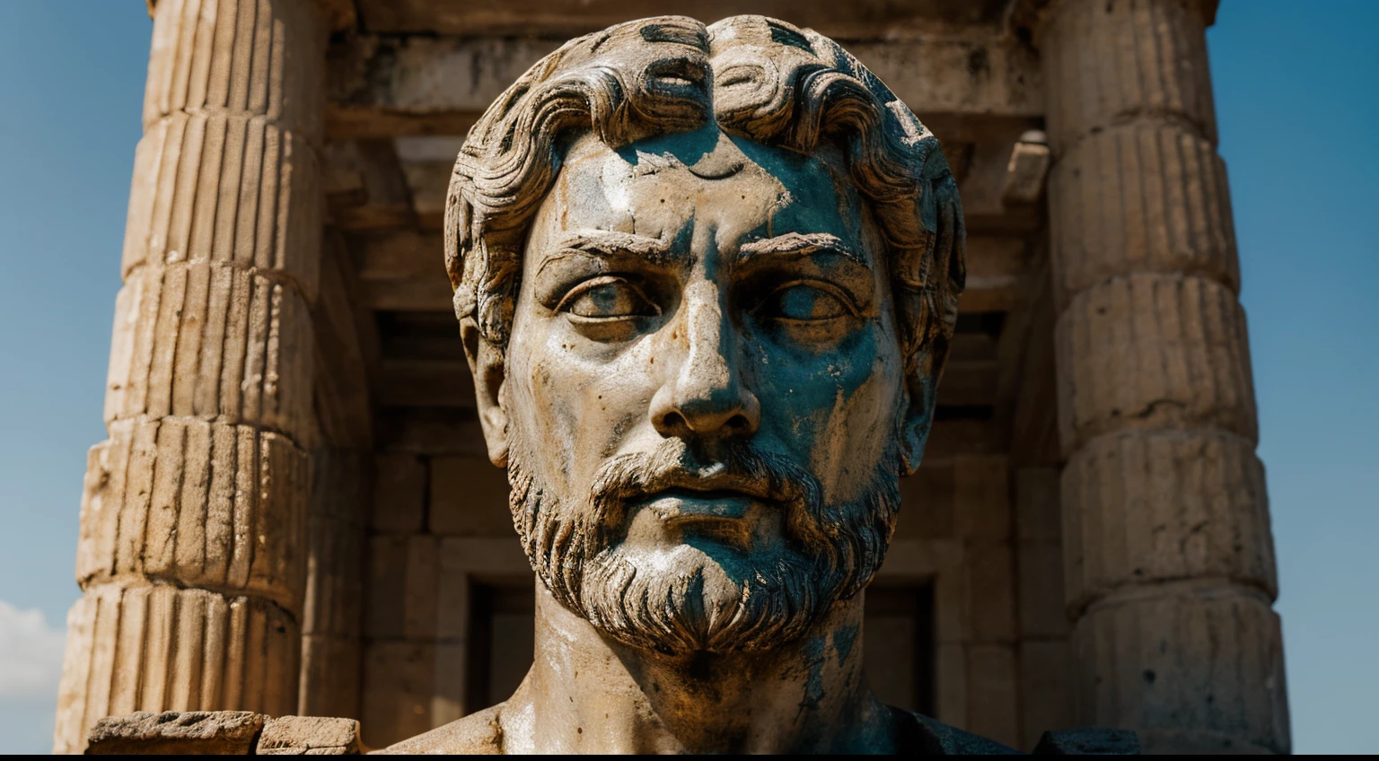 Ancient Stoic Statue With Very Angry Expression, tem barba, muitos detalhes em ambos os olhos, Outside, fundo atenas grego, open sky, com rosto extremamente detalhado full body view, Colors with low saturation with dark tone, Filmado em Sony A7S III com Sony FE 35mm f/1.8, 12.1 MP, --AR 3:2 --estilo cru