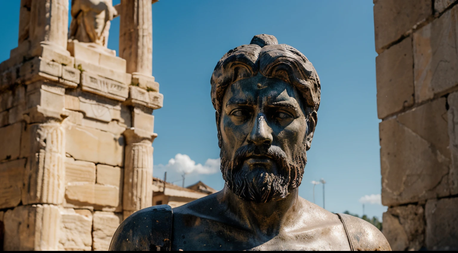 Ancient Stoic Statue With Very Angry Expression, tem barba, muitos detalhes em ambos os olhos, Outside, fundo atenas grego, open sky, com rosto extremamente detalhado full body view, Colors with low saturation with dark tone, Filmado em Sony A7S III com Sony FE 35mm f/1.8, 12.1 MP, --AR 3:2 --estilo cru