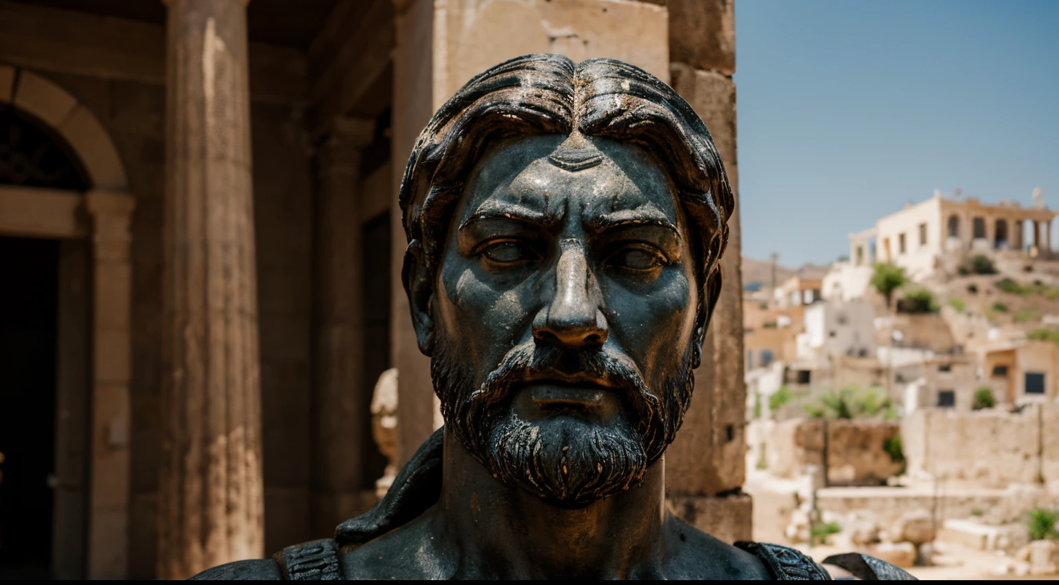 Ancient Stoic Statue With Very Angry Expression, tem barba, muitos detalhes em ambos os olhos, Outside, fundo atenas grego, open sky, com rosto extremamente detalhado full body view, Colors with low saturation with dark tone, Filmado em Sony A7S III com Sony FE 35mm f/1.8, 12.1 MP, --AR 3:2 --estilo cru