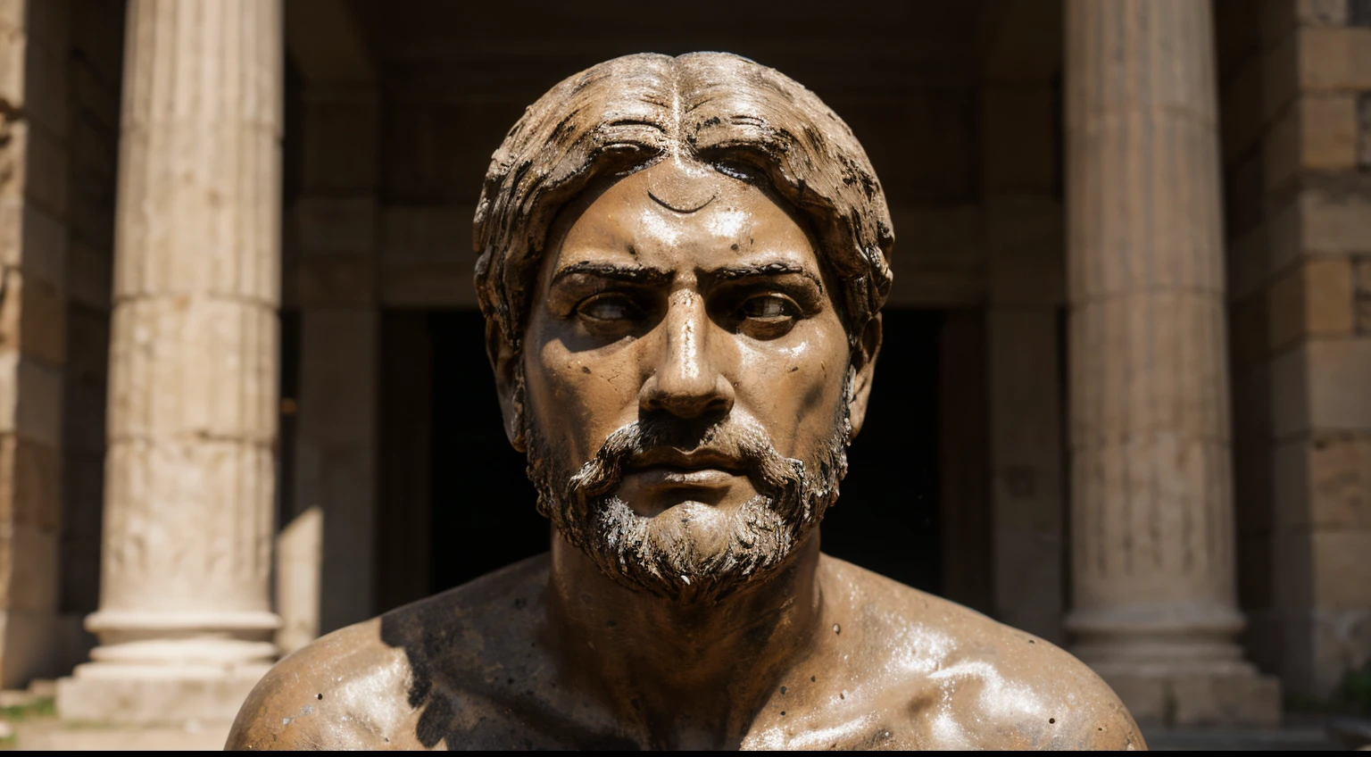 Ancient Stoic Statue With Very Angry Expression, tem barba, muitos detalhes em ambos os olhos, Outside, fundo atenas grego, open sky, com rosto extremamente detalhado full body view, Colors with low saturation with dark tone, Filmado em Sony A7S III com Sony FE 35mm f/1.8, 12.1 MP, --AR 3:2 --estilo cru