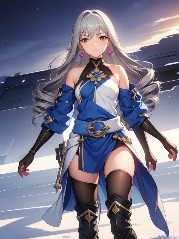 pH Armor, 1girl, Jewelry, earings, Long hair, gray hairs, Bangs, drill hair, bare shoulders, gray eyes, thigh boots, thights, thights, Hair between the eyes, knee boots, elbow gloves,Sleeveless, black gloves, twin drills, belt, leggins, whitedress, pectoral muscles, small breasts, black footwear, long sleeves, Colorful, Hyper Detail, Dramatic light, intricate details, (sharp face hair between eyes,Dynamic Angle), A crowd of people in the background, army, winter storm