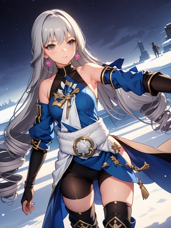 pH Armor, 1girl, Jewelry, earings, Long hair, gray hairs, Bangs, drill hair, bare shoulders, gray eyes, thigh boots, thights, thights, Hair between the eyes, knee boots, elbow gloves,Sleeveless, black gloves, twin drills, belt, leggins, whitedress, pectoral muscles, small breasts, black footwear, long sleeves, Colorful, Hyper Detail, Dramatic light, intricate details, (sharp face hair between eyes,Dynamic Angle), A crowd of people in the background, army, winter storm