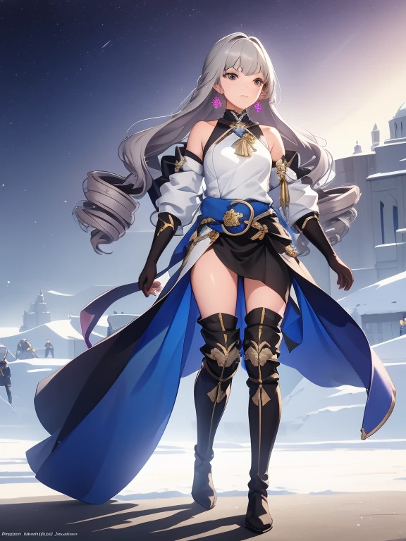 pH Armor, 1girl, Jewelry, earings, Long hair, gray hairs, Bangs, drill hair, bare shoulders, gray eyes, thigh boots, thights, thights, Hair between the eyes, knee boots, elbow gloves,Sleeveless, black gloves, twin drills, belt, leggins, whitedress, pectoral muscles, small breasts, black footwear, long sleeves, Colorful, Hyper Detail, Dramatic light, intricate details, (sharp face hair between eyes,Dynamic Angle), A crowd of people in the background, army, winter storm