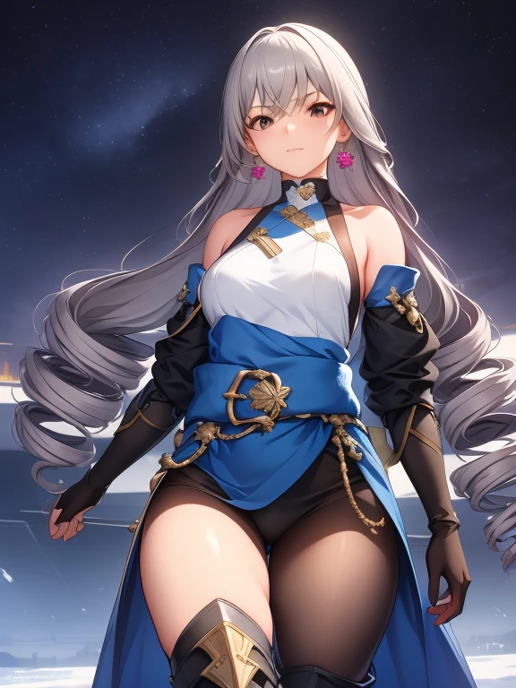 pH Armor, 1girl, Jewelry, earings, Long hair, gray hairs, Bangs, drill hair, ???? shoulders, gray eyes, thigh boots, thights, thights, Hair between the eyes, knee boots, elbow gloves,Sleeveless, black gloves, twin drills, belt, leggins, whitedress, pectoral muscles, small ???????, black footwear, long sleeves, Colorful, Hyper Detail, Dramatic light, intricate details, (sharp face hair between eyes,Dynamic Angle), A crowd of people in the background, army, winter storm