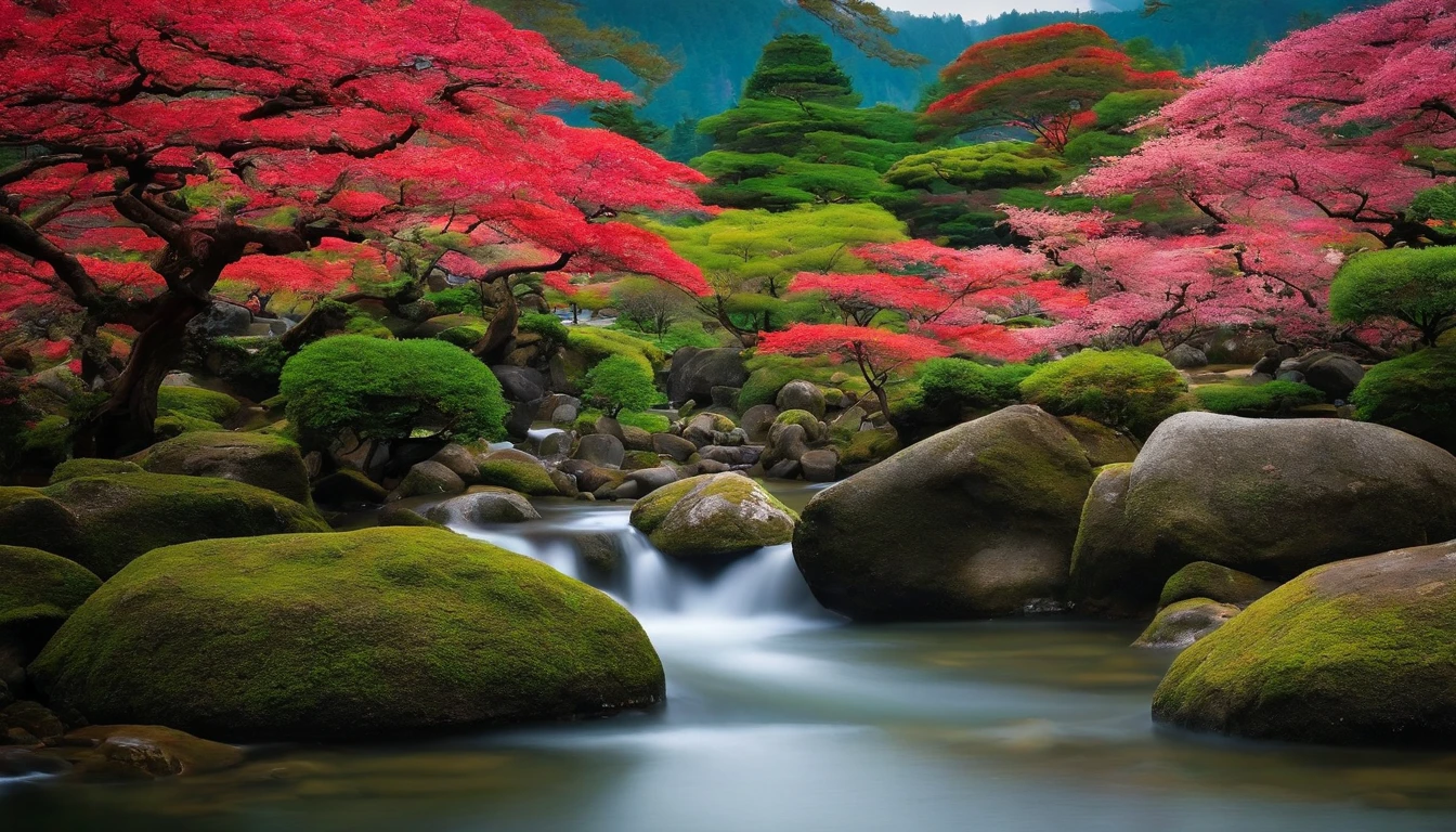 Paysage japonais traditionnel: Use an image representing a traditional Japanese landscape, comme un jardin zen, des montagnes ou des cerisiers en fleurs. Cela pourrait evoquer the deep connection of Musashi with nature and spirituality.