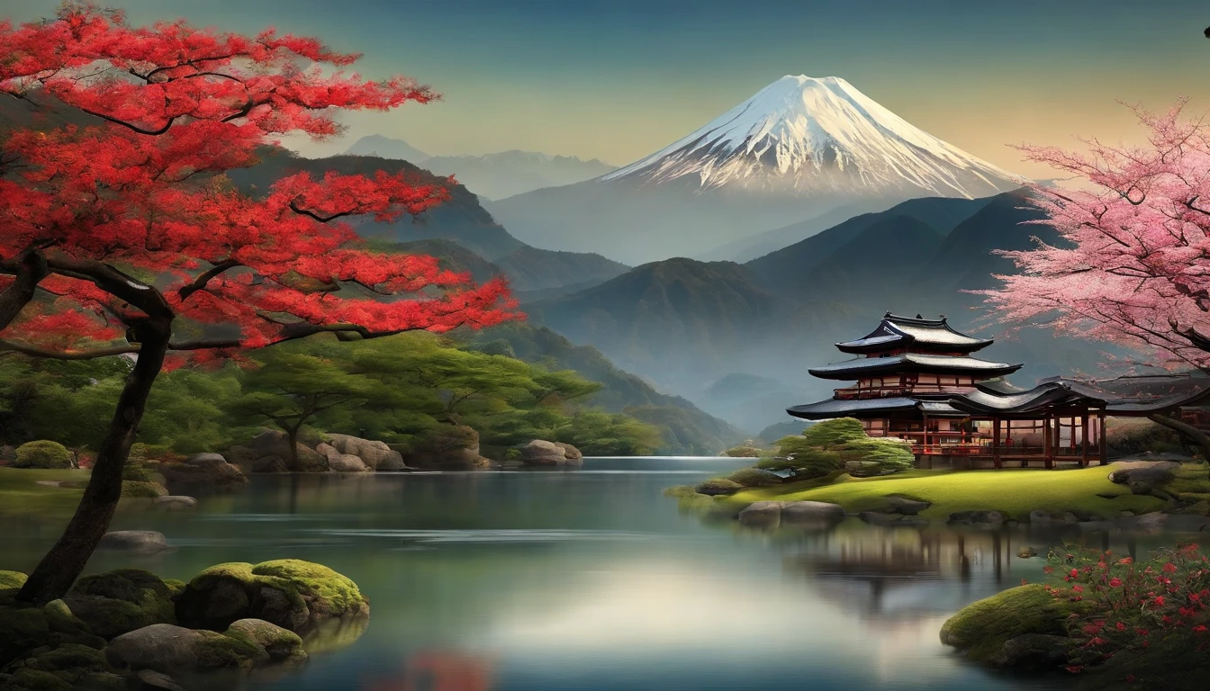 Paysage japonais traditionnel: Use an image representing a traditional Japanese landscape, comme un jardin zen, des montagnes ou des cerisiers en fleurs. Cela pourrait evoquer the deep connection of Musashi with nature and spirituality.