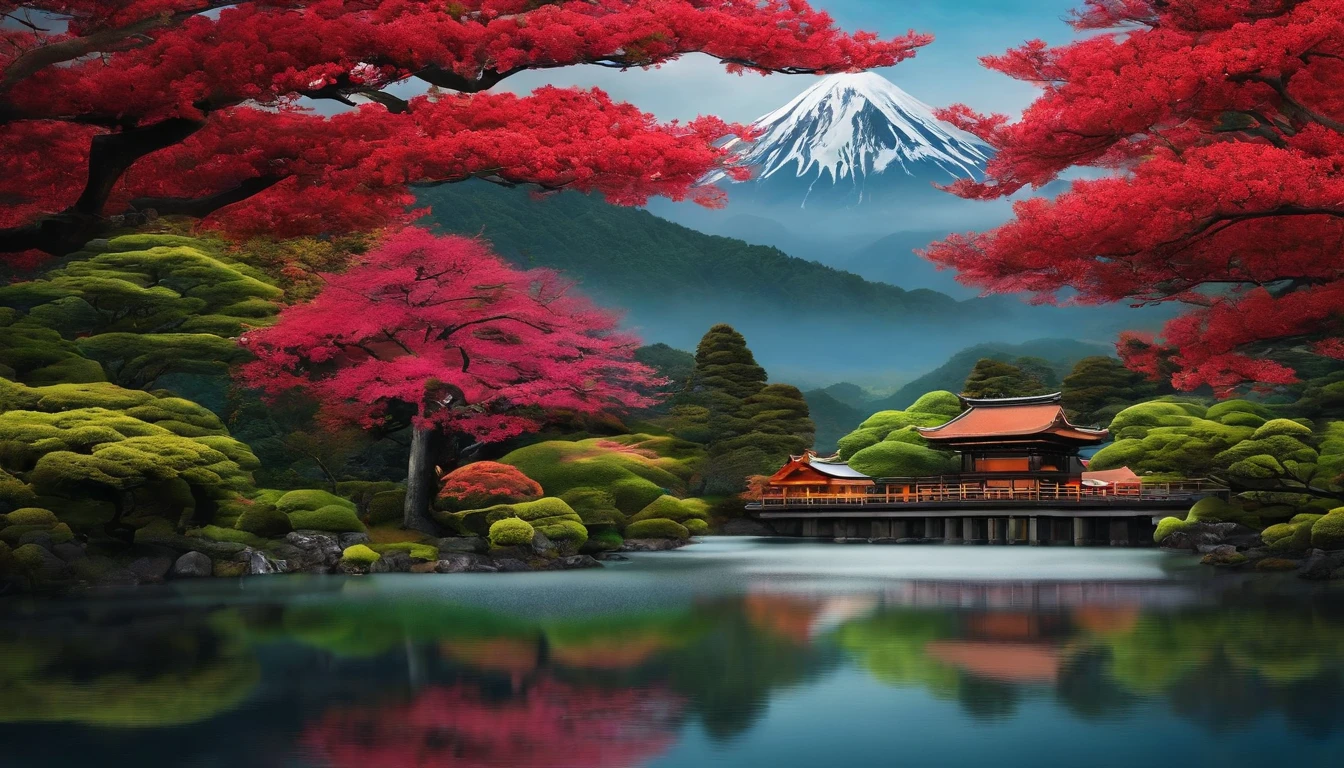 Paysage japonais traditionnel: Use an image representing a traditional Japanese landscape, comme un jardin zen, des montagnes ou des cerisiers en fleurs. Cela pourrait evoquer the deep connection of Musashi with nature and spirituality.