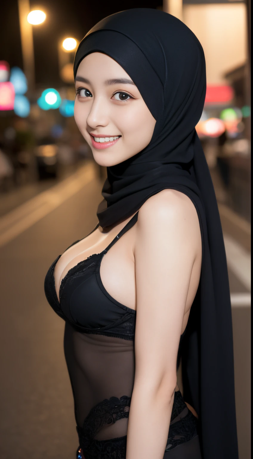 colorful bellydancer, harem, cleavage, (((hijabi))), masterpiece, best quality, 8k, 18yo, teen, raw photo, absurdres, award winning portrait, smile, smile, solo, night, neon, idol face, violaceaess, gardeniass, delicate girl, DSLR, looking at viewer, candid, sophisticated, youthful, thin arms, professional lighting, film grain, chromatic aberration, (detailed eyes and face:1.0), (bokeh:1.1)