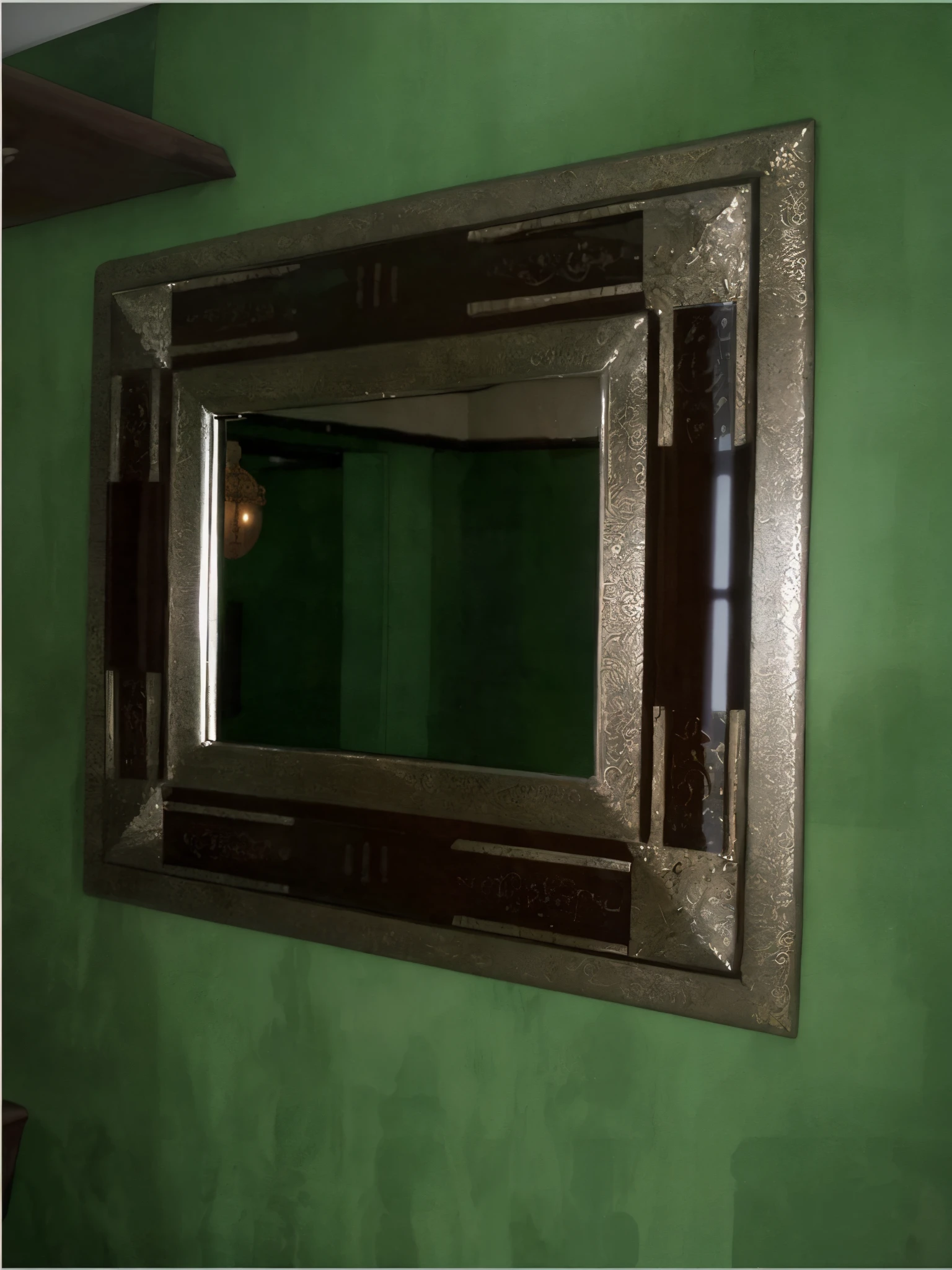 there is a mirror hanging on the wall in a bathroom, mirror texture, inside mirror, mirror, tv frame, mirror and glass surfaces, metal framed portal, looking from side, decorative frame, detailed photograph, mirrored, medium frame, big mirrors, framed in image, mirrors, with a mirror, doctors mirror, art nouveau framing, mirroring, moroccan