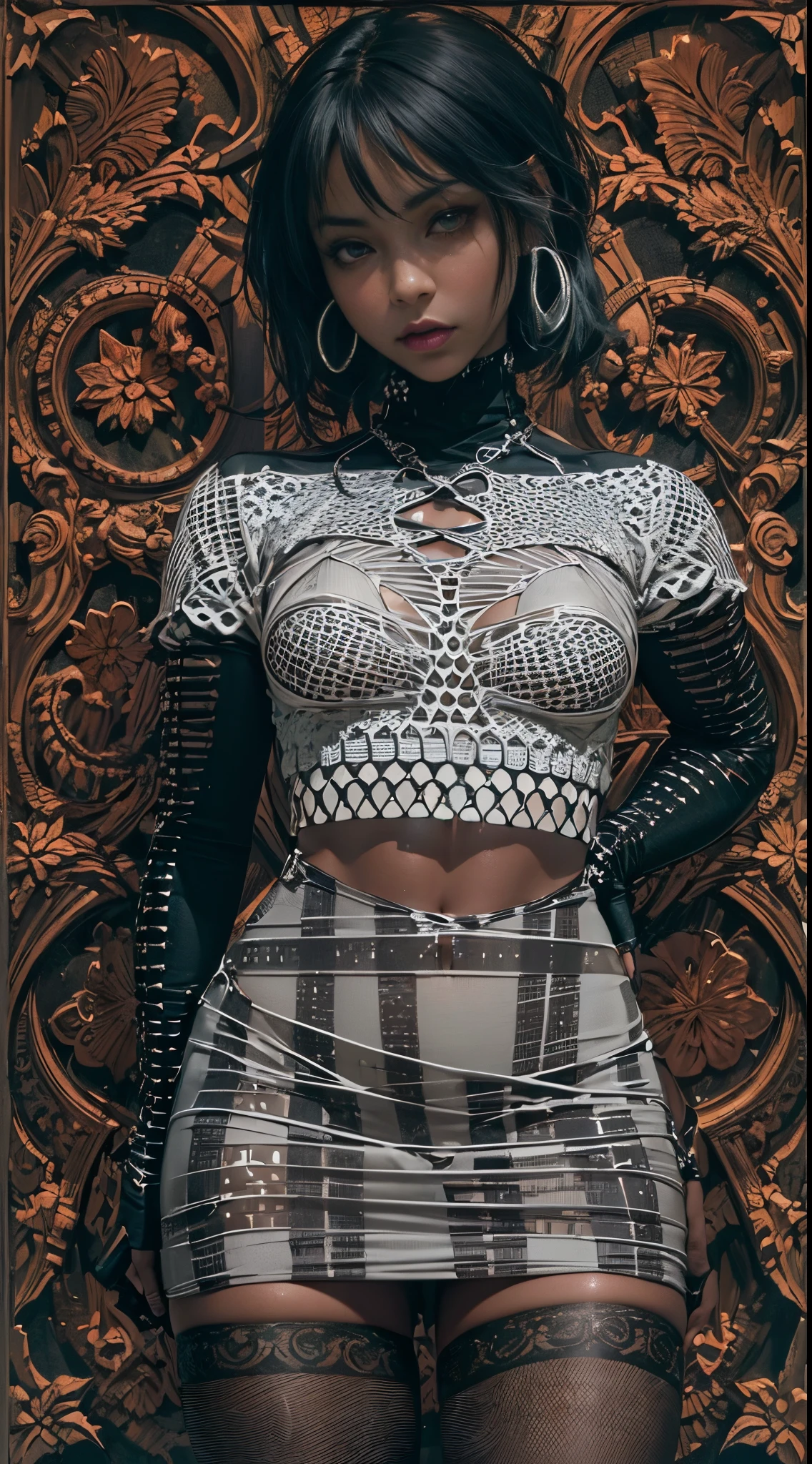 (best quality, 4k, 8k, highres, masterpiece:1.2), ultra-detailed, (realistic,photorealistic,photo-realistic:1.37), gorgeous light skin black woman, vampire, seductive gaze, gothic background, sensual beauty, gothic fashion, ripped black gothic miniskirt, torn clothes, (((patterned pantyhose))), (((small breasts))),dark colors, moody lighting, full body pose, (((crawling))), (((full hips)))