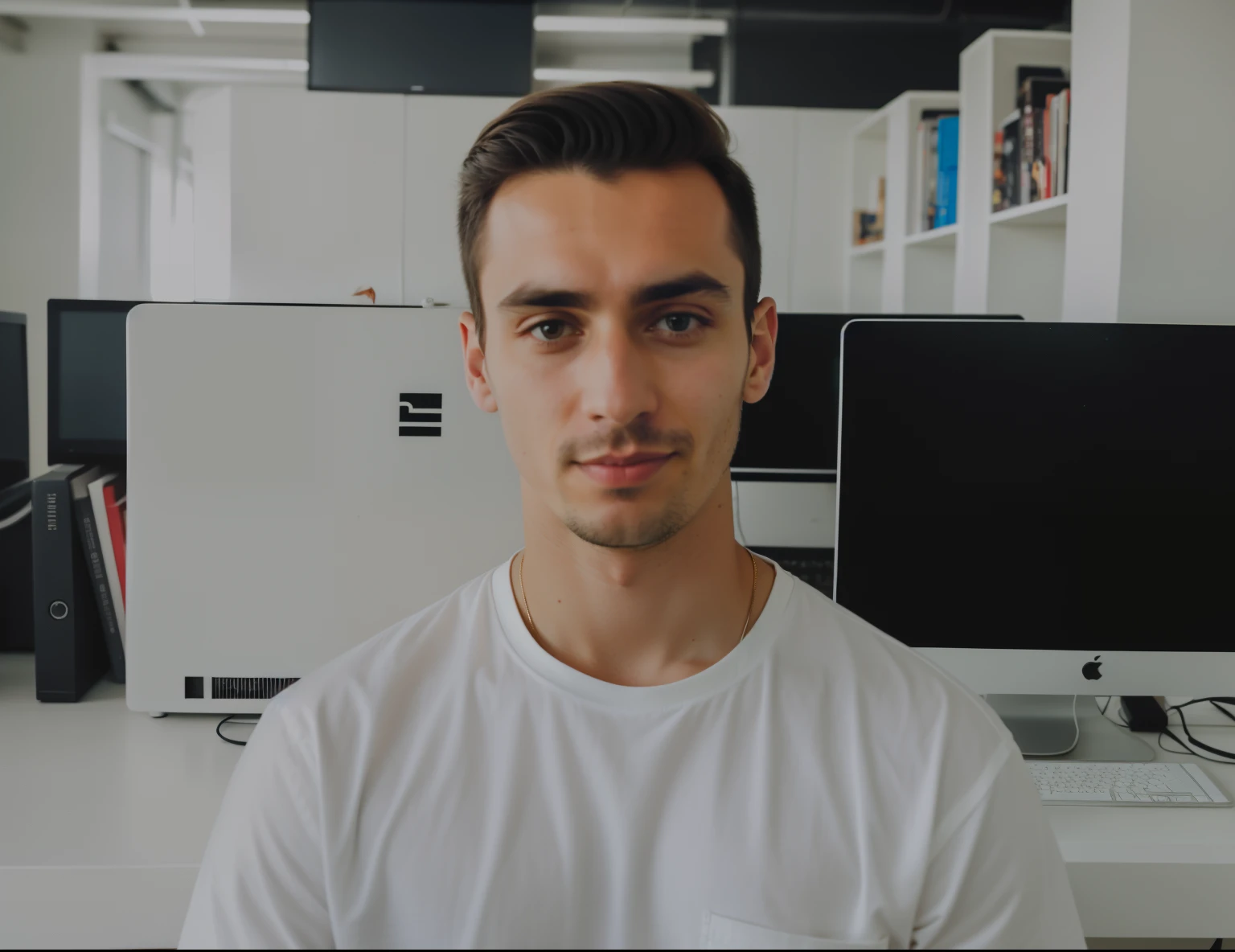 there is a man standing in front of the computer desk, front picture, 8k selfie photo, anton fadeev 8k, soft portrait shot 8k, Aykut Aydogdu, very very low quality picture, 8k portrait render, portrait shot 8k, vitaly bulgarov, low quality photo, 18 years old around, looking directly at the camera, no beard, weighs around 70 kilos