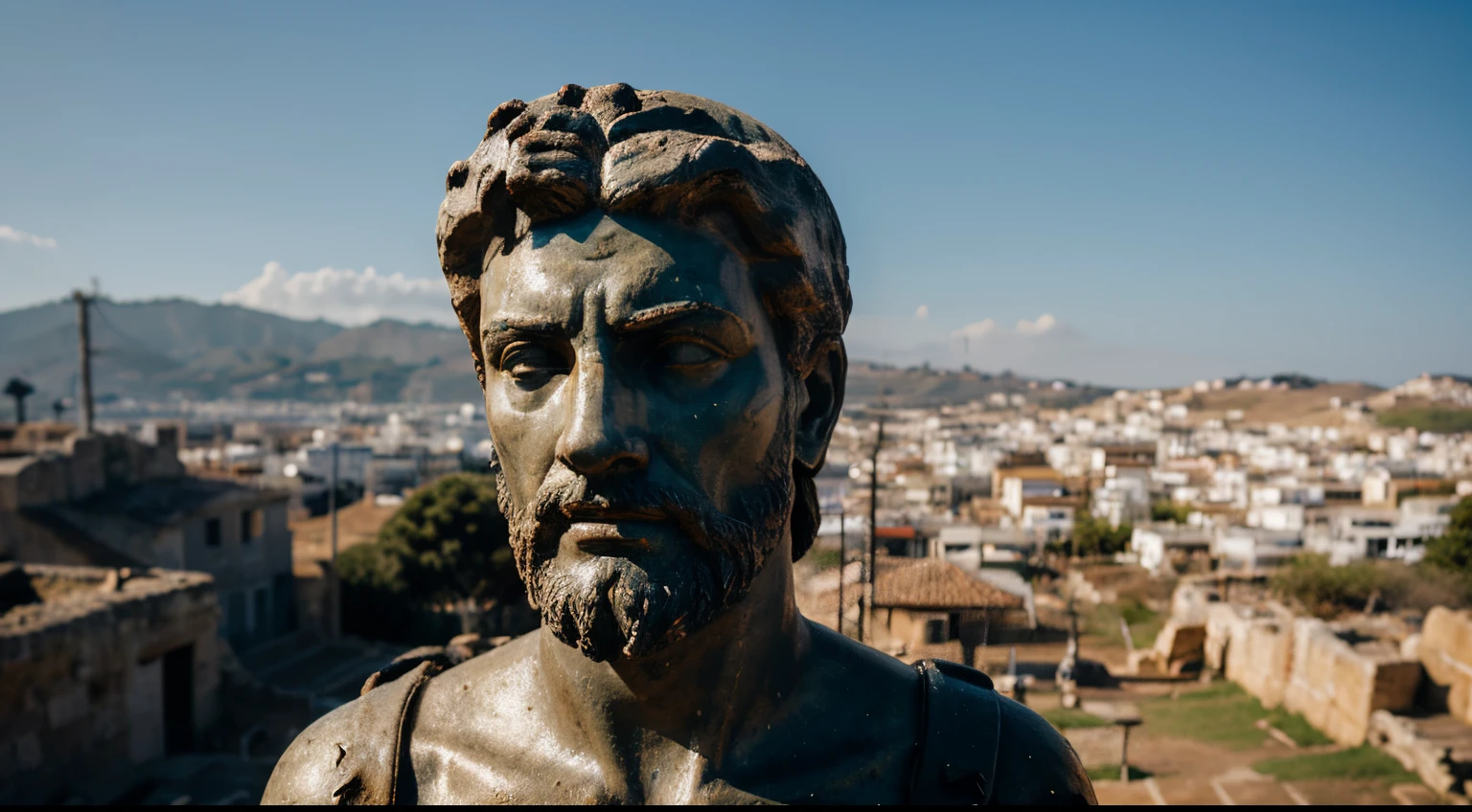 Ancient Stoic Statue With Very Angry Expression, tem barba, muitos detalhes em ambos os olhos, Outside, fundo atenas grego, open sky, com rosto extremamente detalhado full body view, Colors with low saturation with dark tone, Filmado em Sony A7S III com Sony FE 35mm f/1.8, 12.1 MP, --AR 3:2 --estilo cru