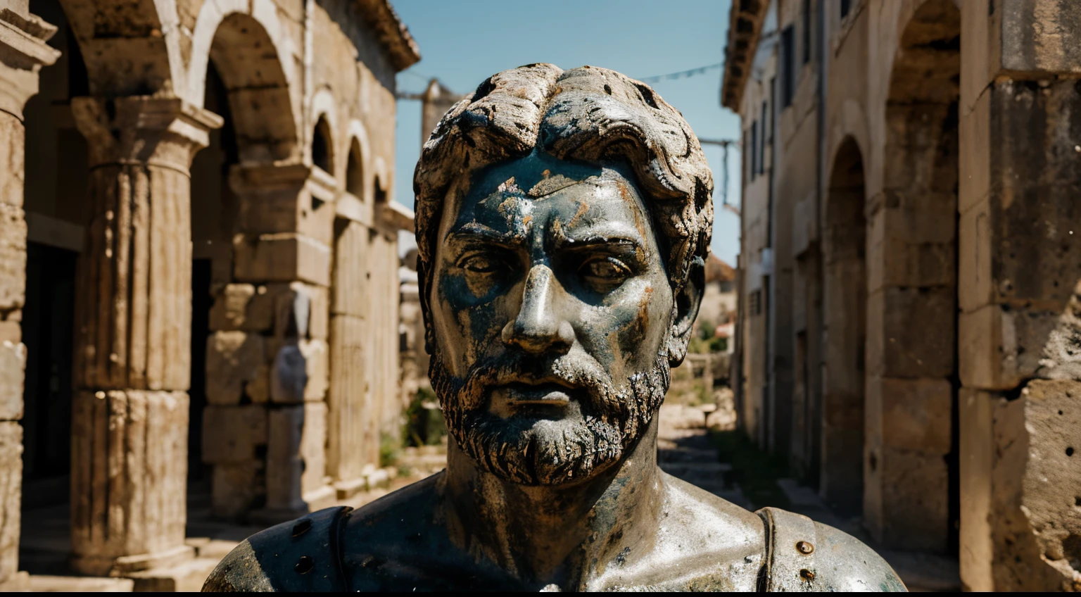 Ancient Stoic Statue With Very Angry Expression, tem barba, muitos detalhes em ambos os olhos, Outside, fundo atenas grego, open sky, com rosto extremamente detalhado full body view, Colors with low saturation with dark tone, Filmado em Sony A7S III com Sony FE 35mm f/1.8, 12.1 MP, --AR 3:2 --estilo cru