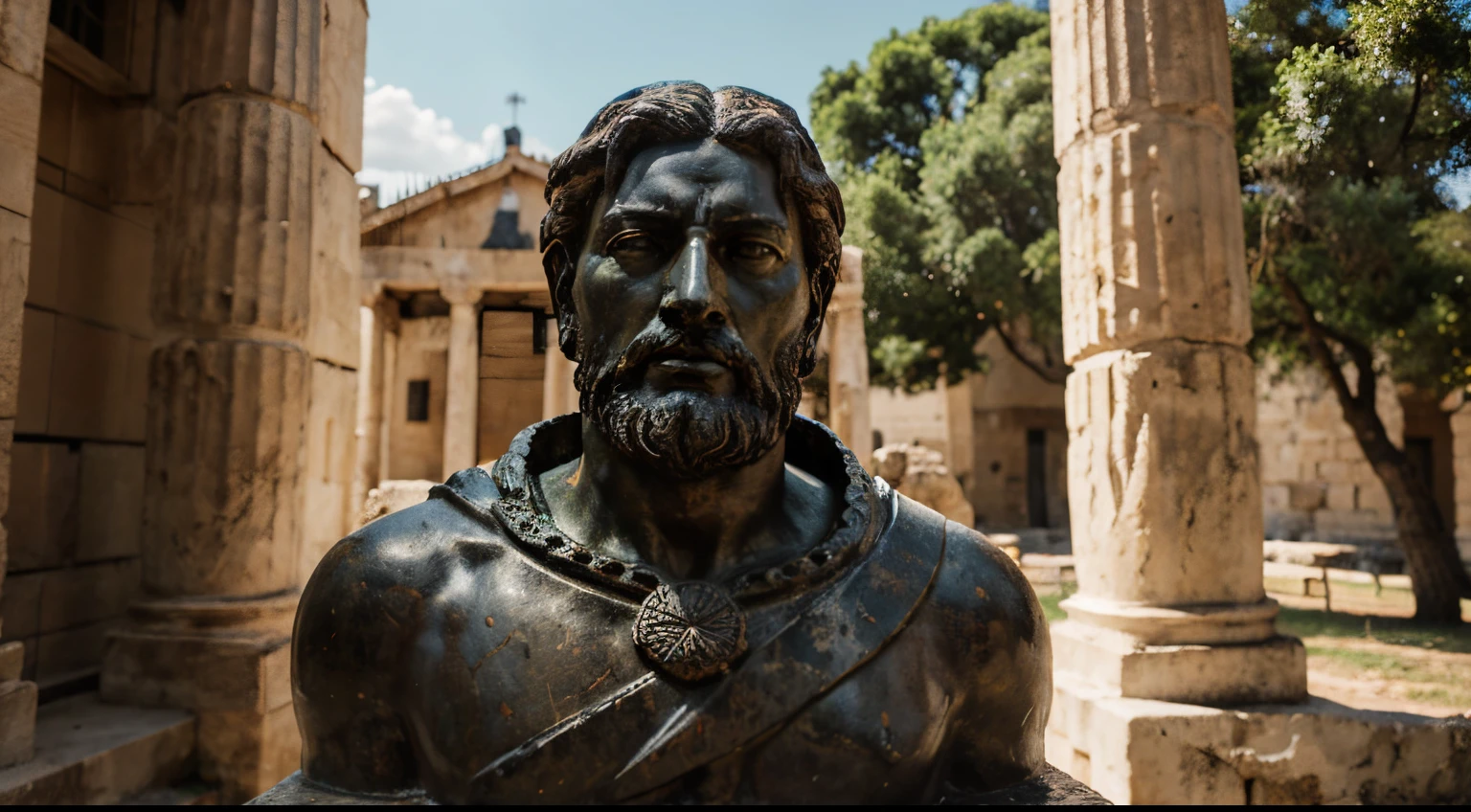 Ancient Stoic Statue With Very Angry Expression, tem barba, muitos detalhes em ambos os olhos, Outside, fundo atenas grego, open sky, com rosto extremamente detalhado full body view, Colors with low saturation with dark tone, Filmado em Sony A7S III com Sony FE 35mm f/1.8, 12.1 MP, --AR 3:2 --estilo cru