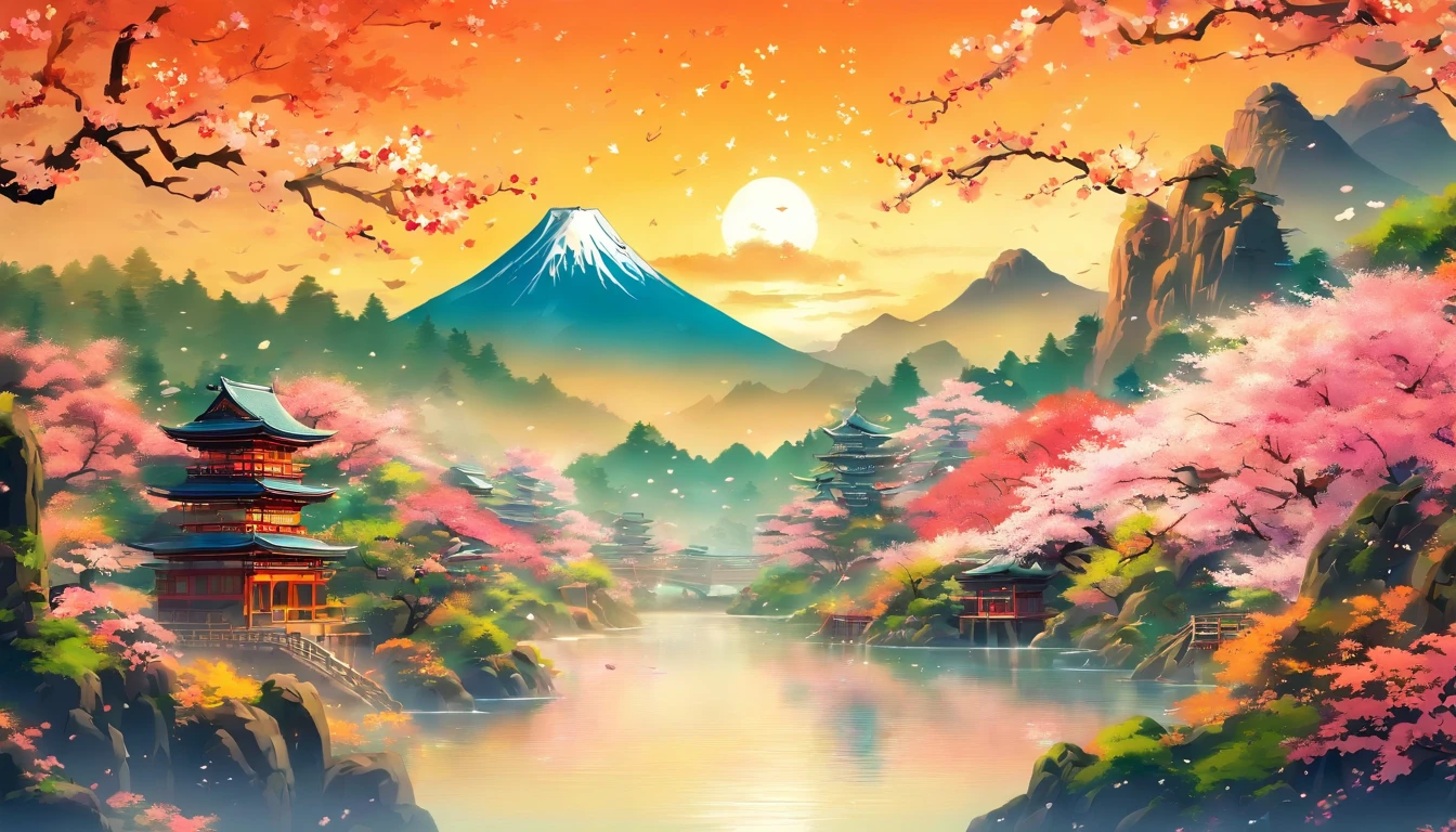 Paysage japonais traditionnel: Use an image representing a traditional Japanese landscape, comme un jardin zen, des montagnes ou des cerisiers en fleurs. Cela pourrait evoquer the deep connection of Musashi with nature and spirituality.
