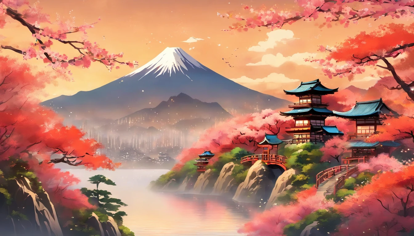Paysage japonais traditionnel: Use an image representing a traditional Japanese landscape, comme un jardin zen, des montagnes ou des cerisiers en fleurs. Cela pourrait evoquer the deep connection of Musashi with nature and spirituality.