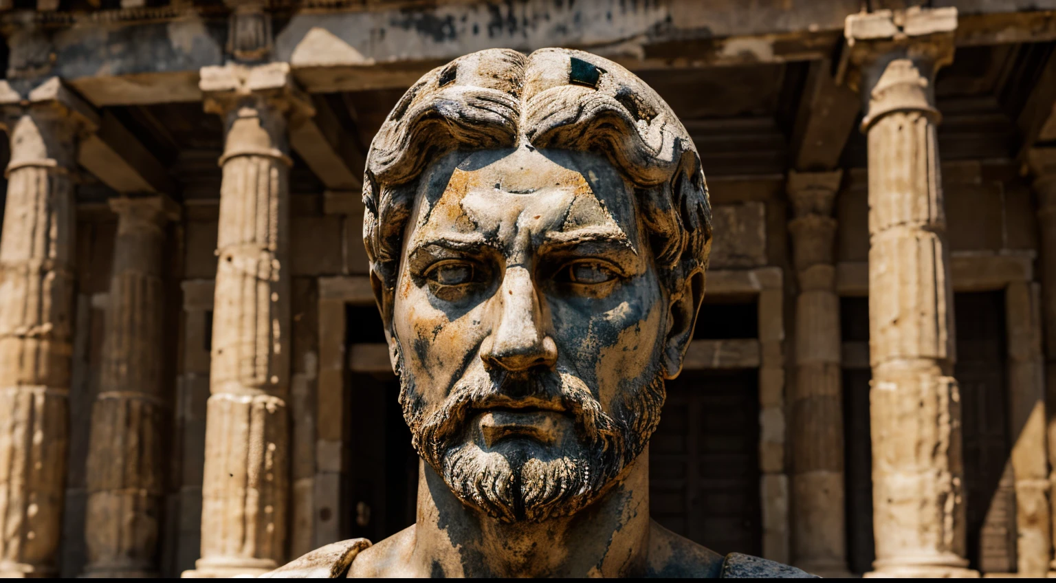 Ancient Stoic Statue With Very Angry Expression, tem barba, muitos detalhes em ambos os olhos, Outside, fundo atenas grego, open sky, com rosto extremamente detalhado full body view, Colors with low saturation with dark tone, Filmado em Sony A7S III com Sony FE 35mm f/1.8, 12.1 MP, --AR 3:2 --estilo cru