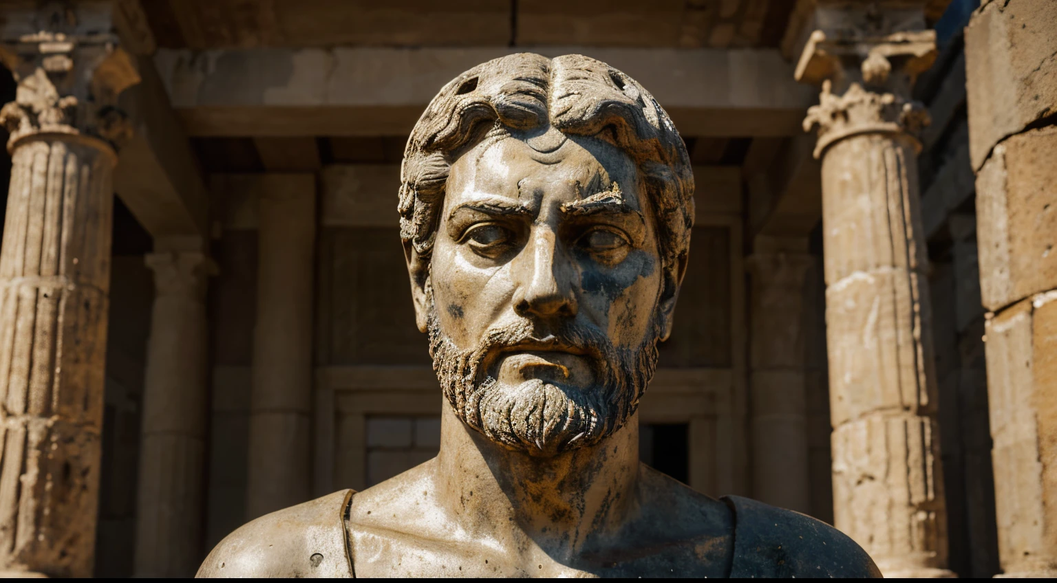 Ancient Stoic Statue With Very Angry Expression, tem barba, muitos detalhes em ambos os olhos, Outside, fundo atenas grego, open sky, com rosto extremamente detalhado full body view, Colors with low saturation with dark tone, Filmado em Sony A7S III com Sony FE 35mm f/1.8, 12.1 MP, --AR 3:2 --estilo cru