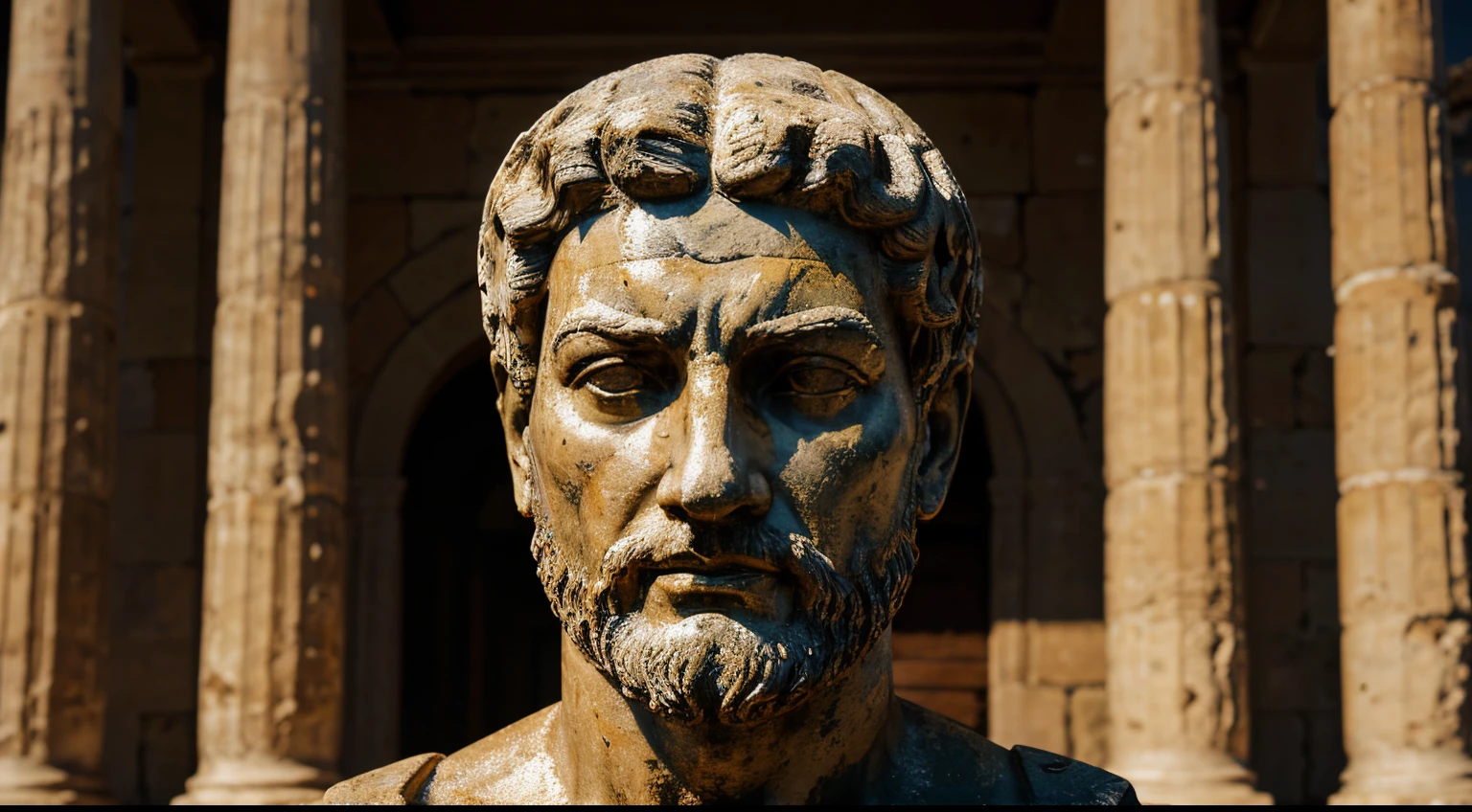 Ancient Stoic Statue With Very Angry Expression, tem barba, muitos detalhes em ambos os olhos, Outside, fundo atenas grego, open sky, com rosto extremamente detalhado full body view, Colors with low saturation with dark tone, Filmado em Sony A7S III com Sony FE 35mm f/1.8, 12.1 MP, --AR 3:2 --estilo cru