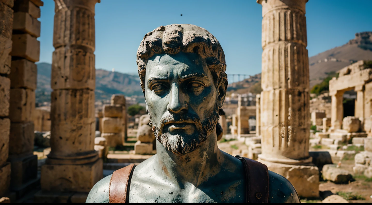 Ancient Stoic Statue With Very Angry Expression, tem barba, muitos detalhes em ambos os olhos, Outside, fundo atenas grego, open sky, com rosto extremamente detalhado full body view, Colors with low saturation with dark tone, Filmado em Sony A7S III com Sony FE 35mm f/1.8, 12.1 MP, --AR 3:2 --estilo cru