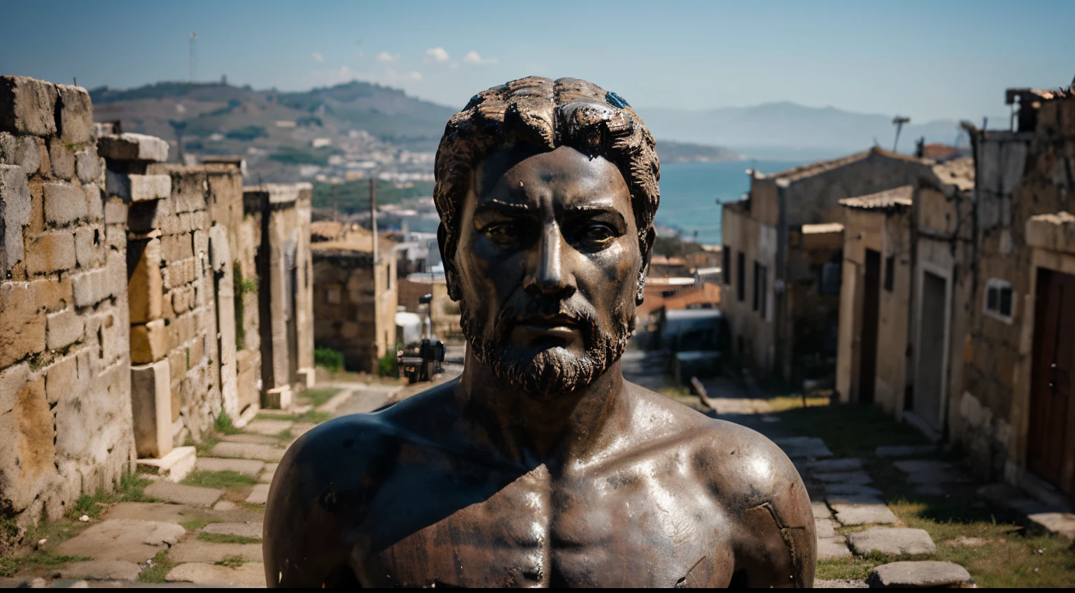 Ancient Stoic Statue With Very Angry Expression, tem barba, muitos detalhes em ambos os olhos, Outside, fundo atenas grego, open sky, com rosto extremamente detalhado full body view, Colors with low saturation with dark tone, Filmado em Sony A7S III com Sony FE 35mm f/1.8, 12.1 MP, --AR 3:2 --estilo cru