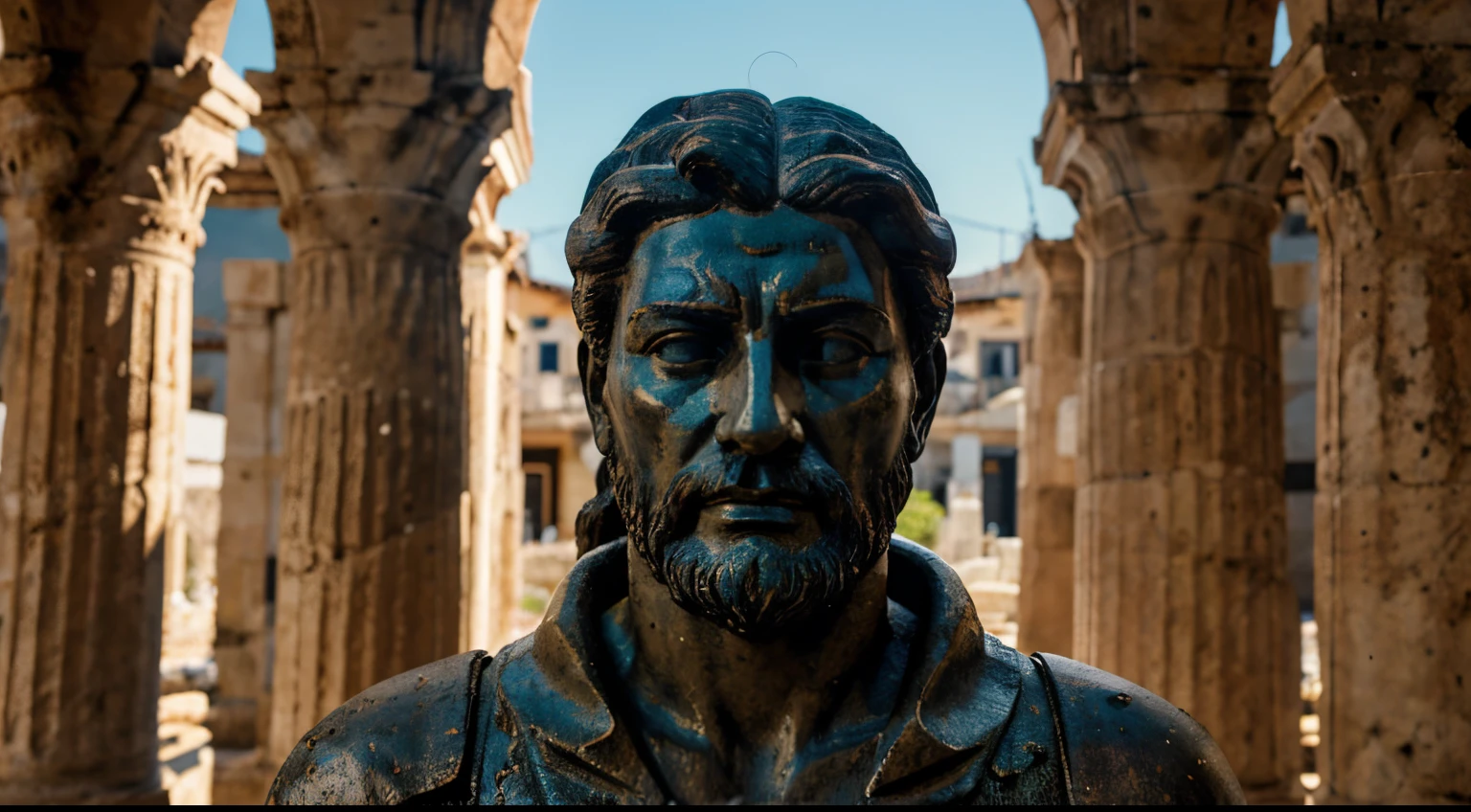 Ancient Stoic Statue With Very Angry Expression, tem barba, muitos detalhes em ambos os olhos, Outside, fundo atenas grego, open sky, com rosto extremamente detalhado full body view, Colors with low saturation with dark tone, Filmado em Sony A7S III com Sony FE 35mm f/1.8, 12.1 MP, --AR 3:2 --estilo cru