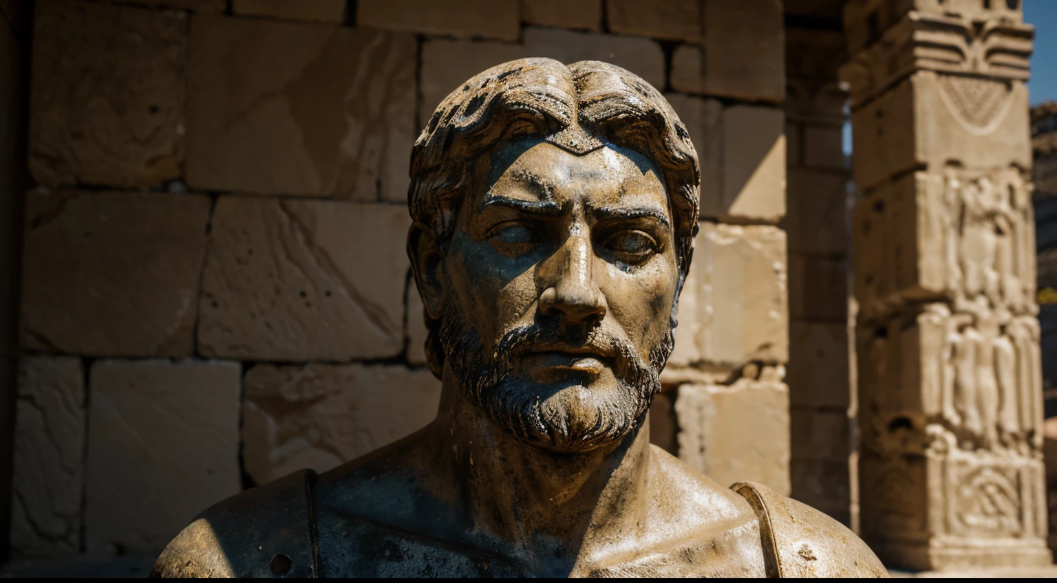 Ancient Stoic Statue With Very Angry Expression, tem barba, muitos detalhes em ambos os olhos, Outside, fundo atenas grego, open sky, com rosto extremamente detalhado full body view, Colors with low saturation with dark tone, Filmado em Sony A7S III com Sony FE 35mm f/1.8, 12.1 MP, --AR 3:2 --estilo cru
