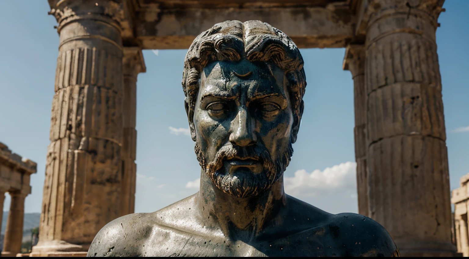 Ancient Stoic Statue With Very Angry Expression, tem barba, muitos detalhes em ambos os olhos, Outside, fundo atenas grego, open sky, com rosto extremamente detalhado full body view, Colors with low saturation with dark tone, Filmado em Sony A7S III com Sony FE 35mm f/1.8, 12.1 MP, --AR 3:2 --estilo cru