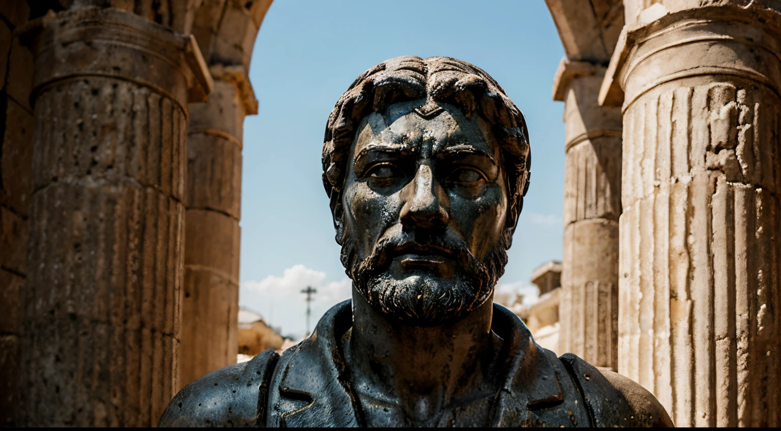 Ancient Stoic Statue With Very Angry Expression, tem barba, muitos detalhes em ambos os olhos, Outside, fundo atenas grego, open sky, com rosto extremamente detalhado full body view, Colors with low saturation with dark tone, Filmado em Sony A7S III com Sony FE 35mm f/1.8, 12.1 MP, --AR 3:2 --estilo cru